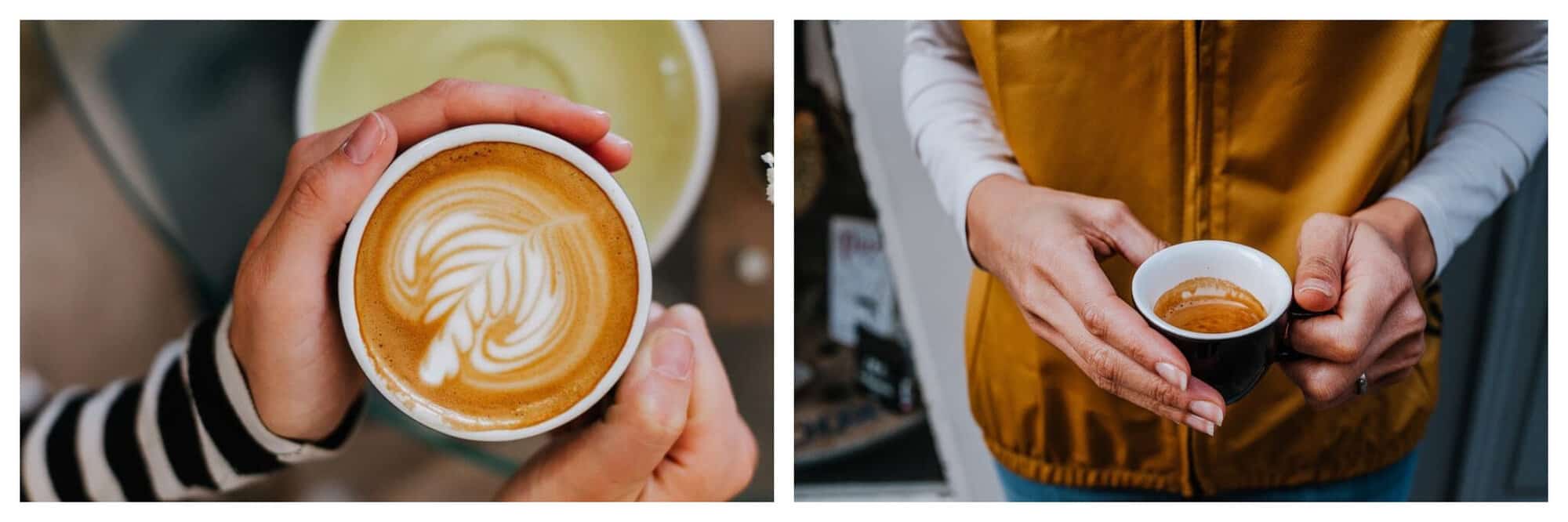 Left: a photo taken from above of a woman holding a latte in a mug. Right: a photo of a woman holding an espresso coffee