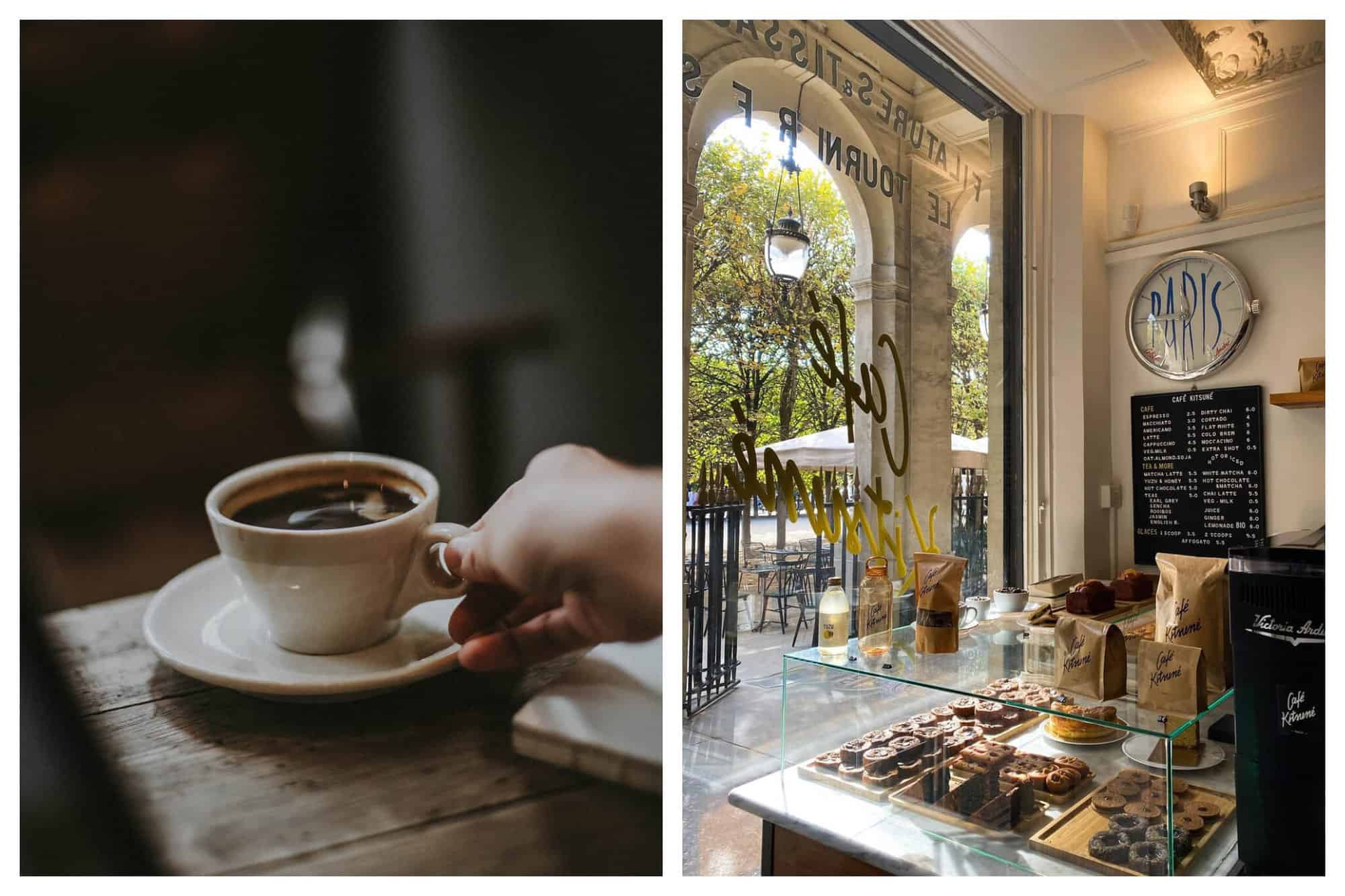 Left: a black coffee on a white plate and mug. Right: the interior of a cafe in Paris, looking outside onto the street.
