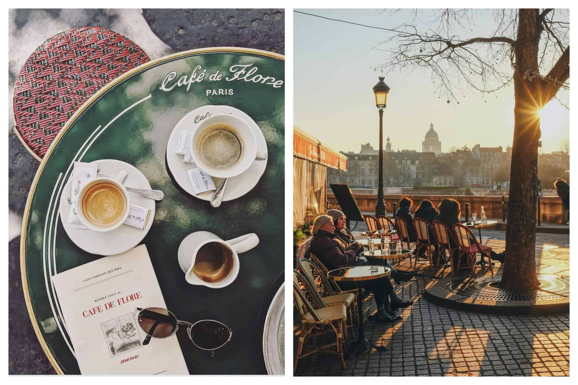 Left: a view from above a table at Café de Flore in Paris, with two coffees, a pair of sunglasses and a book sat on the table.