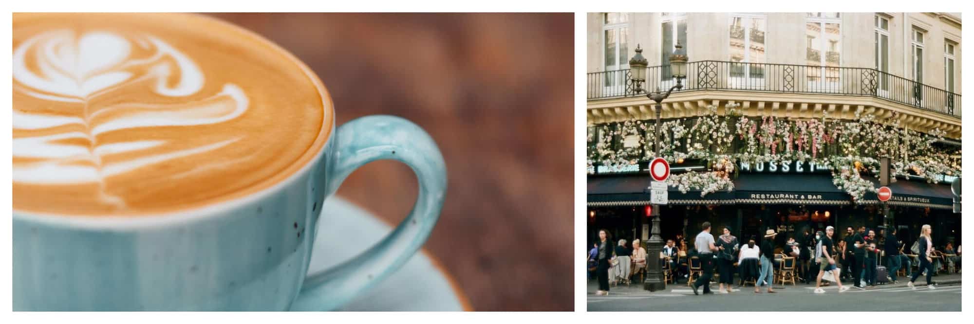 Left: an upclose photo of a latte in a blue mug; Right: the exterior of a cafe in Paris decorated with flowers on its walls and many people sat on the terrace as well as pedestrians passing by. 