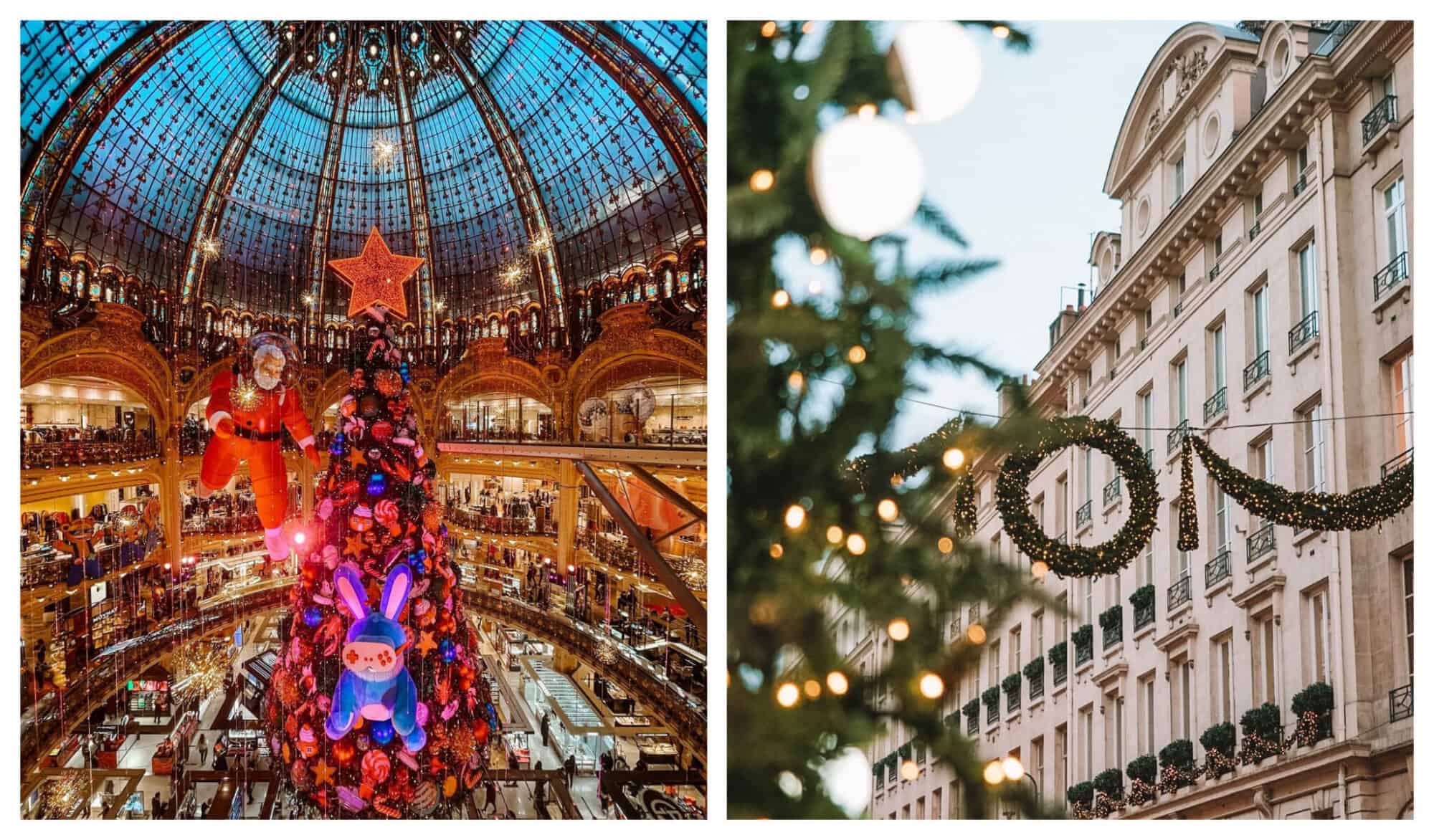 Left: Santa Claus and more Christmas decorations inside Galeries Lafayette in Paris; Right: Advent wreaths hanging in Parisian streets for Christmas.