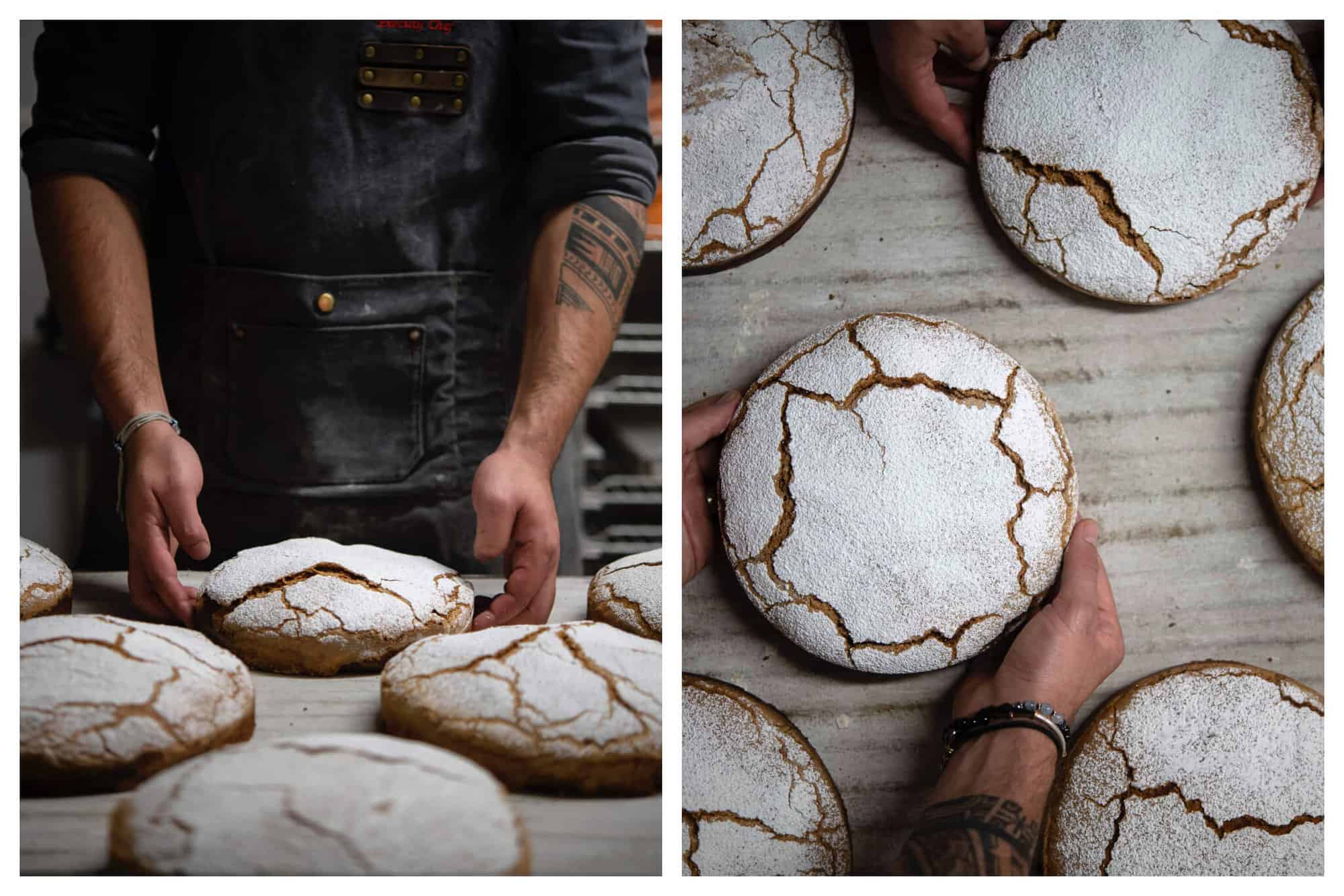 Left: a photo of a baker making bread. Right: a photo of bread