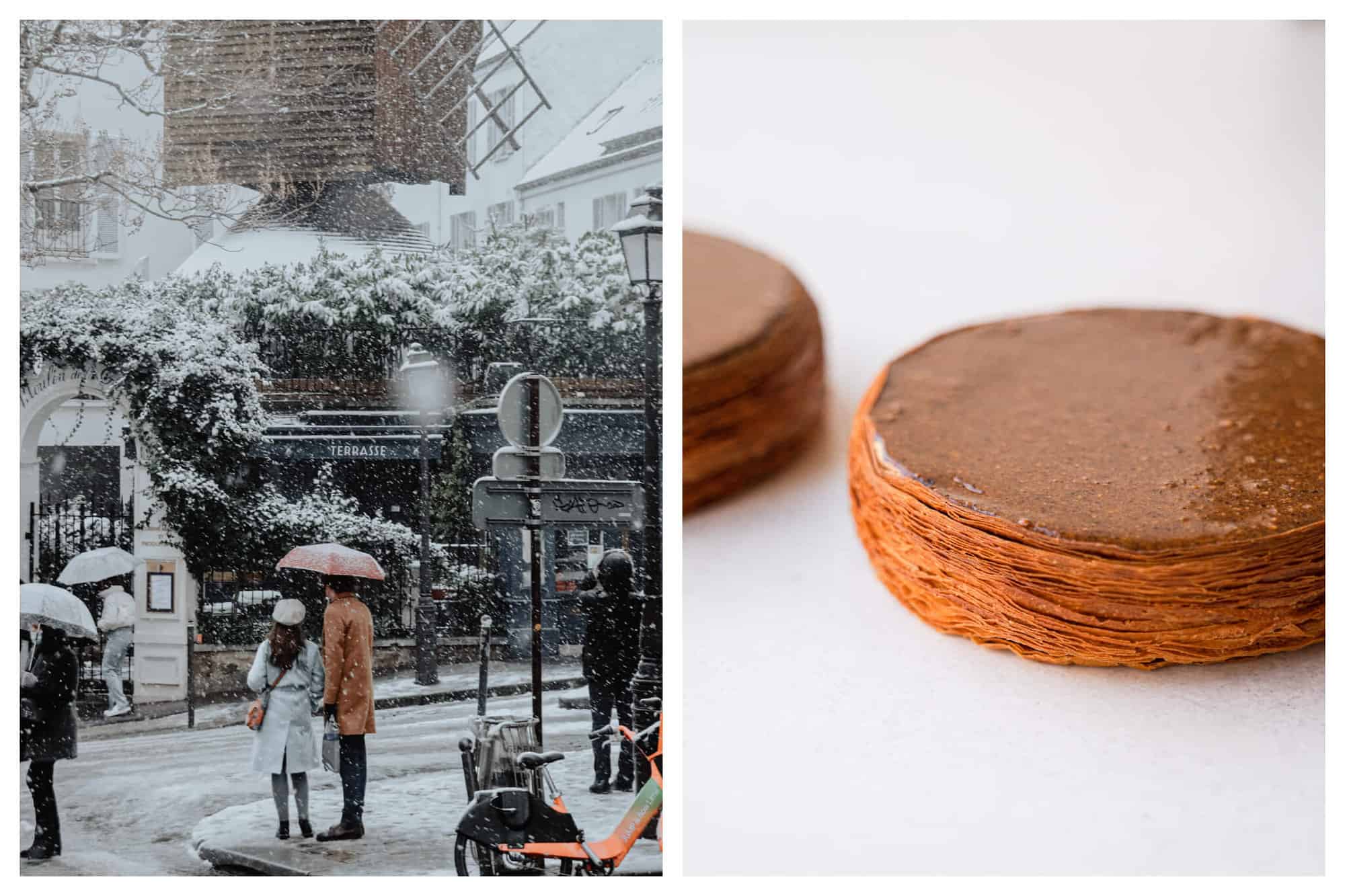 Left: a couple standing under an umbrella in the snow in front of Moulin de la Galette restaurant in Montmartre. Right: two galettes des rois with a praline topping by Le Meurice Paris.