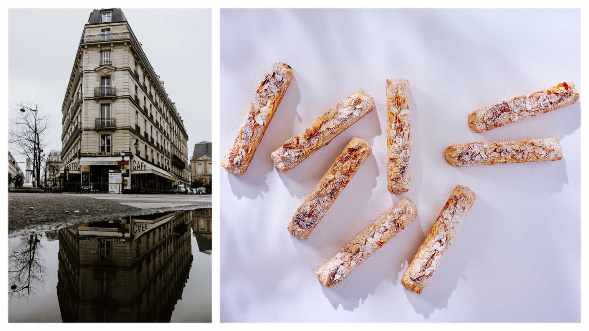 Left: A Parisian Haussmann-style building on a corner with a puddle in the foreground reflecting the building. Right: individual bar-shaped crousti galettes des rois by The Ritz Paris Le Comptoir. 