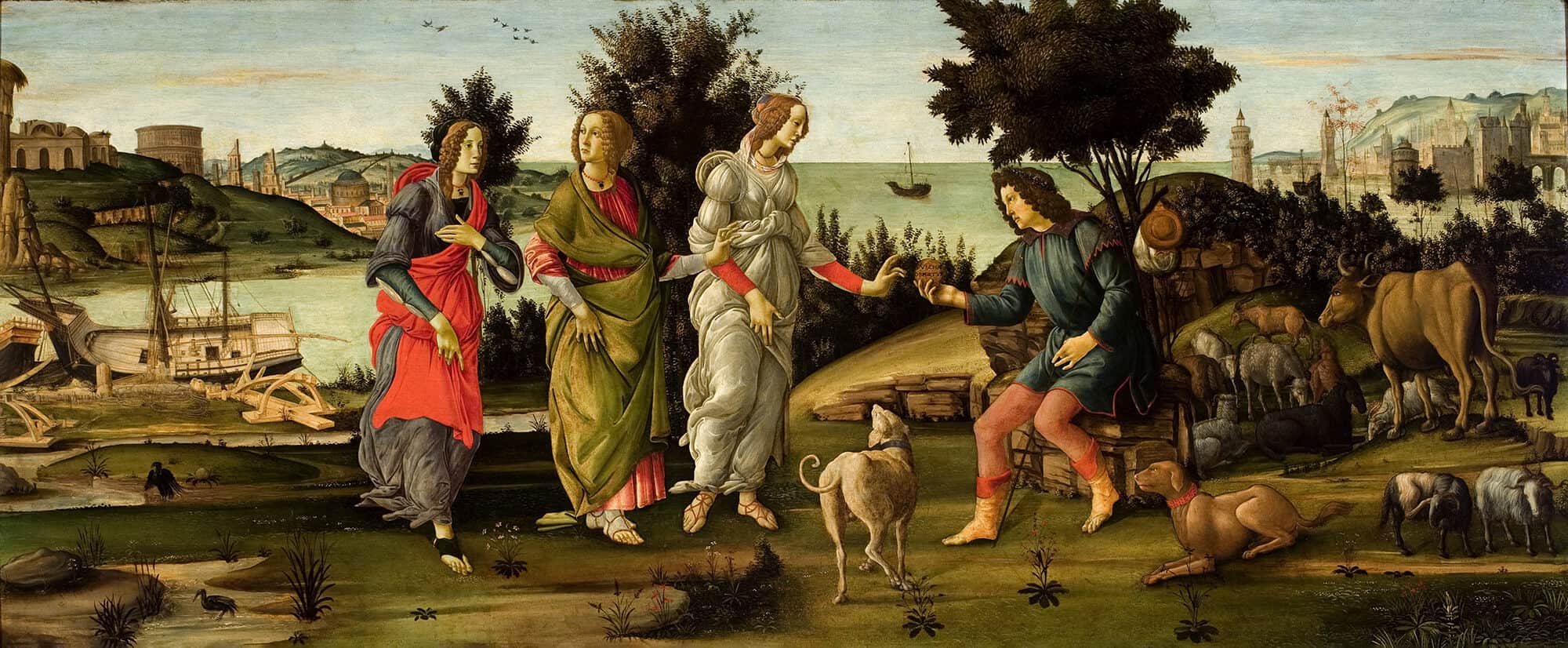 A large horizontal painting by Botticelli. 