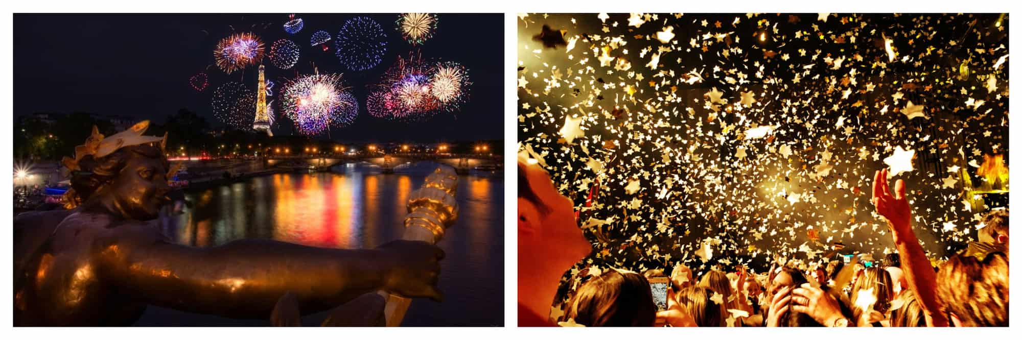 Left: The Eiffel Tower and the Paris sky is lit with fireworks, seen behind a golden statue. Right: A shower of golden confetti down a crowd of New Year's Eve celebrants.