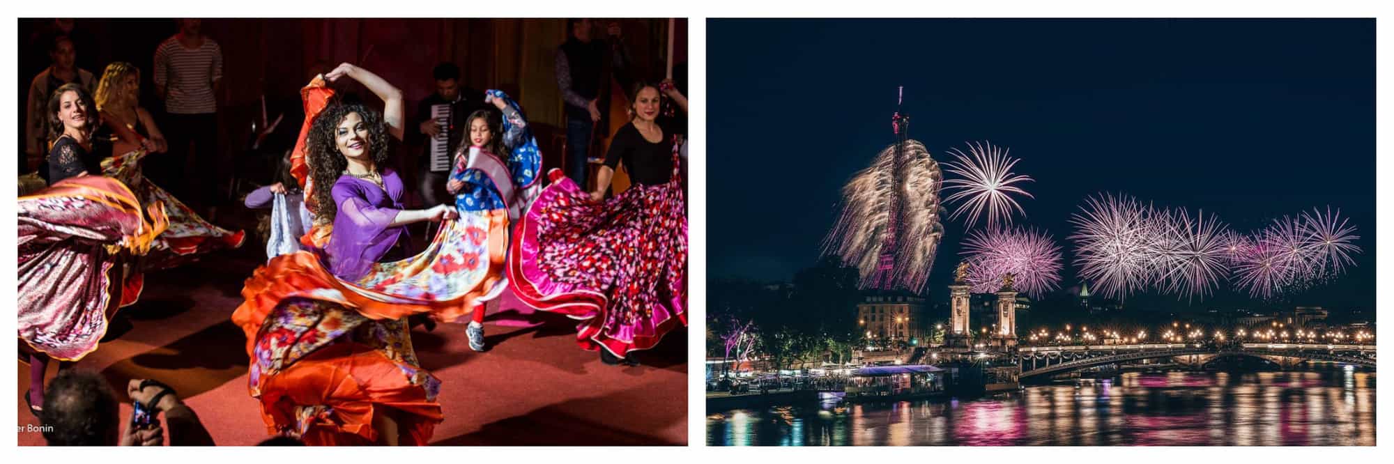 Left: A Gypsy-Romanian dance performance by a Tzigane circus family based in Paris called the Romanès. Right: The Eiffel Tower and the Paris sky is lit with fireworks.