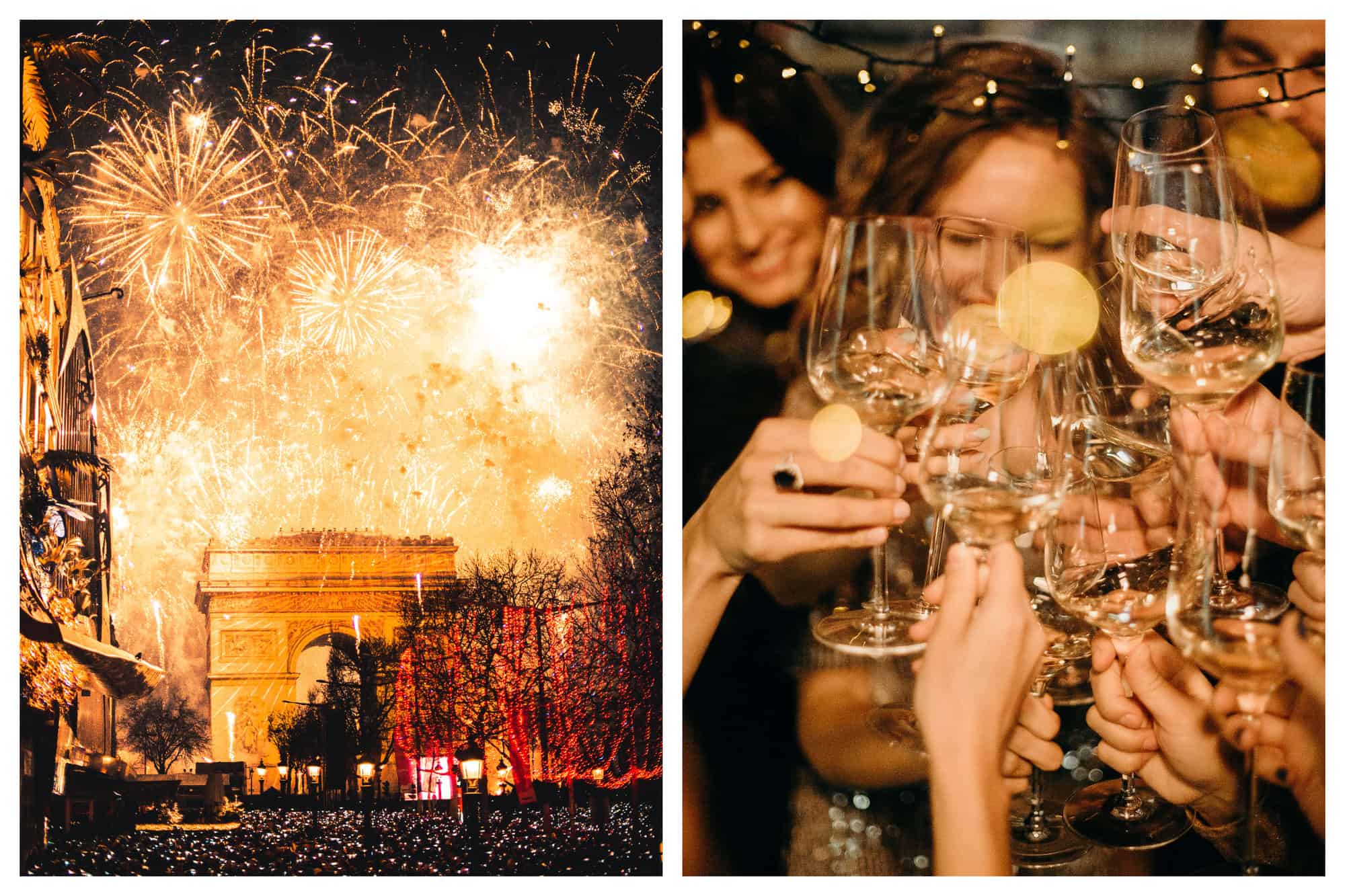 Left: The Arc de Triomphe and its light show on New Year's Eve. Right: Friends are toasting their champagne to celebrate.