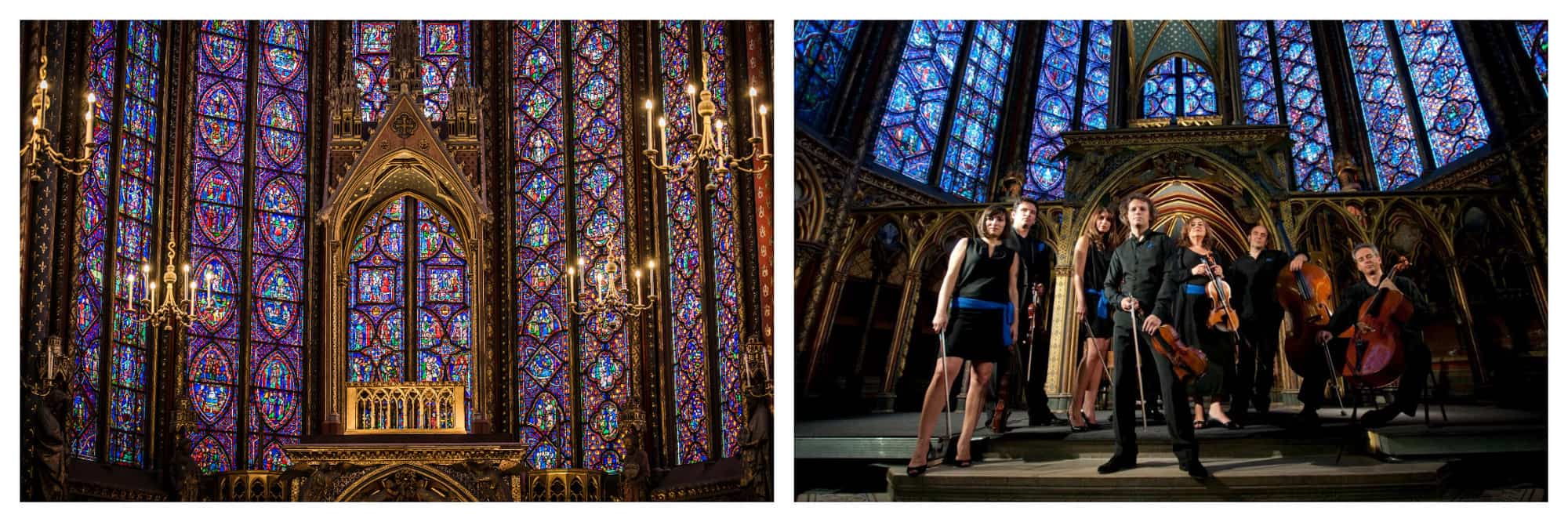 Left: The Sainte Chapelle church in Paris with its beautiful 13th century stained glass altar. Right: The classical music group "Les Solistes Français" at the Sainte Chapelle, posed with their musical instruments.