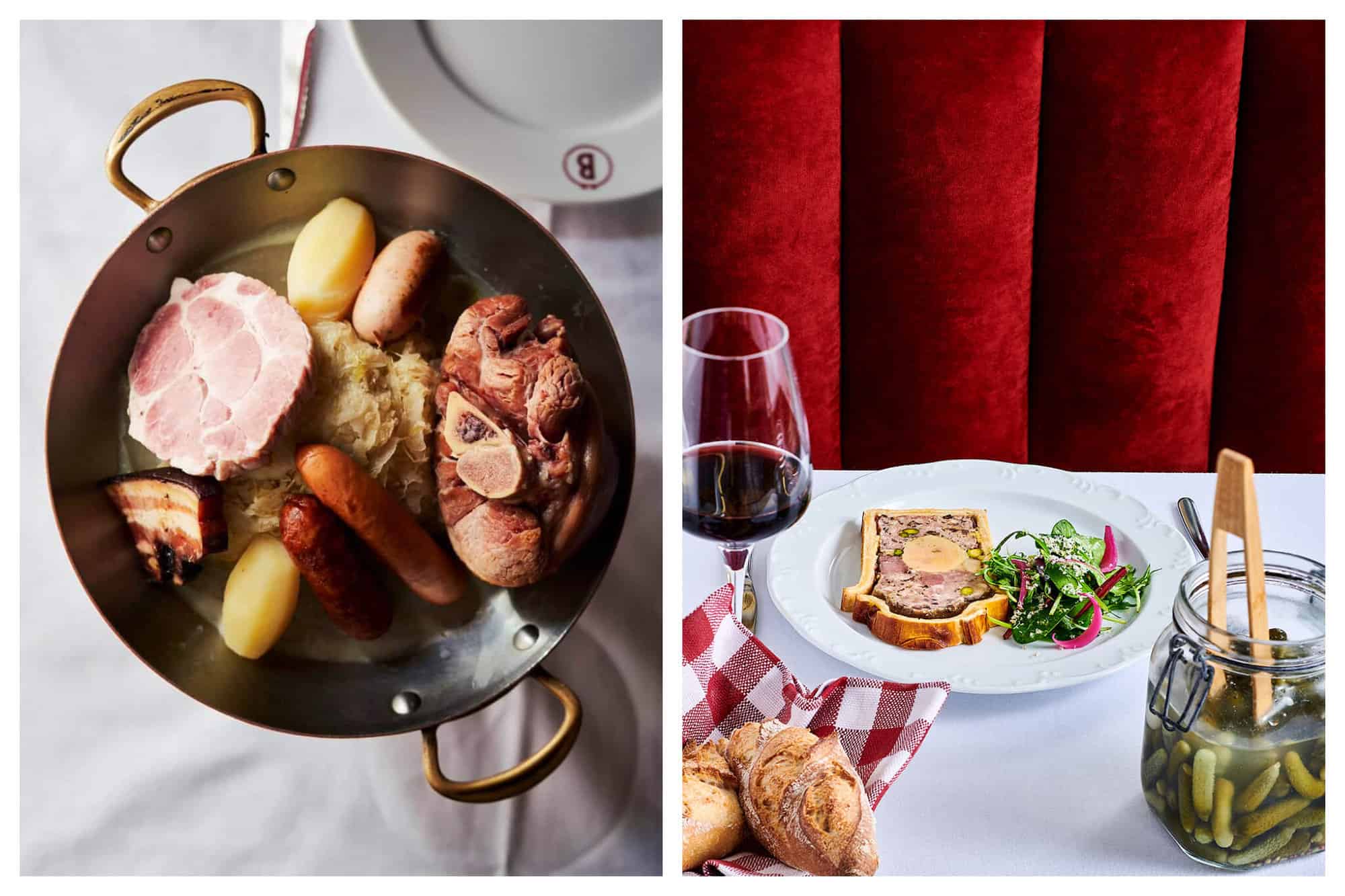Left: a birds eye view of choucroute at Bofinger restaurant. Right: pâté en croûte with salad, cornichons in a jar, and bread on a table with a glass of red wine at Brasserie Thoumieux.