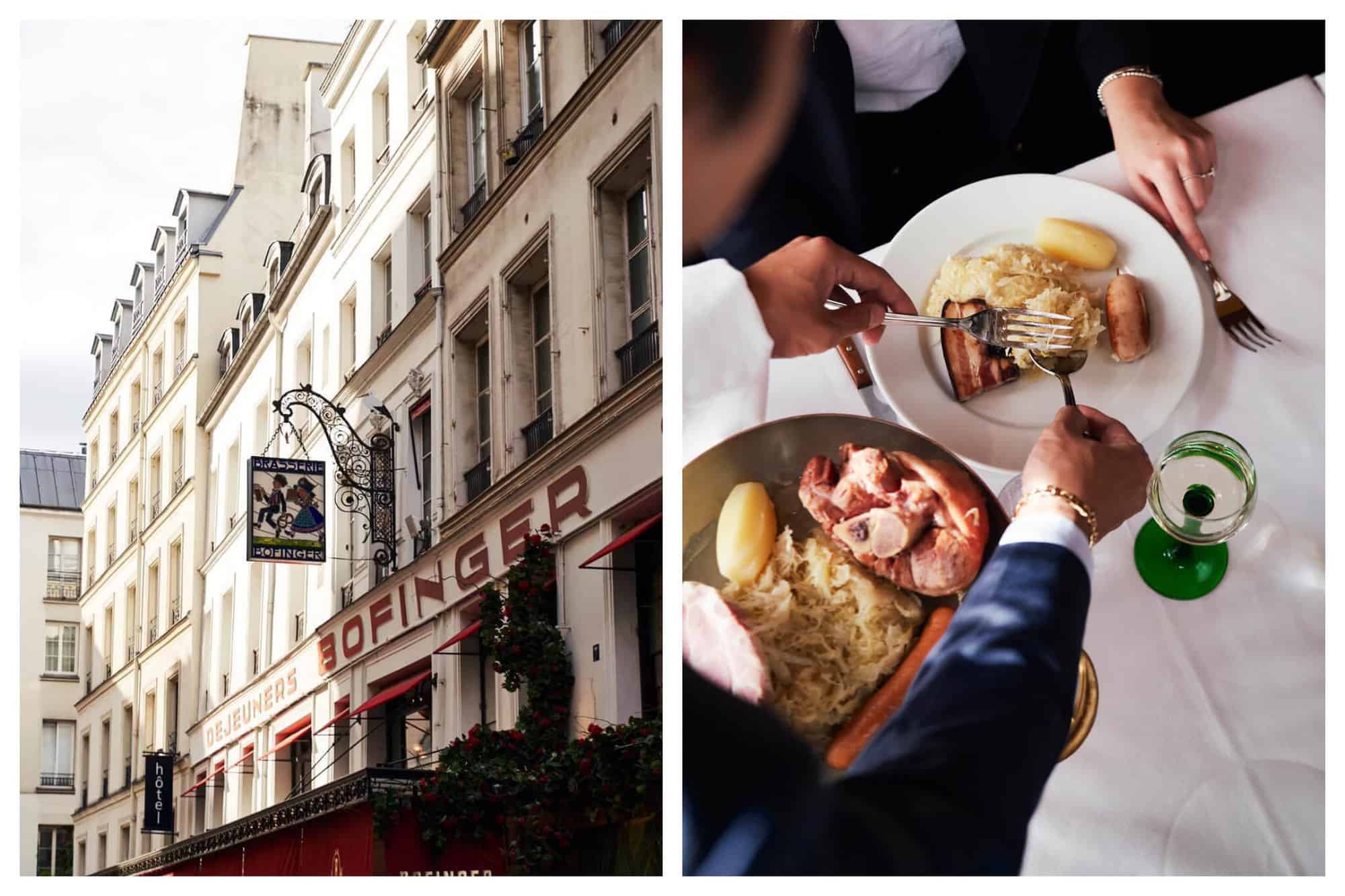 Right: the exterior of Bofinger restaurant, with red painted lettering on the facade. Right: a waiter serving choucroute onto a customer's plate at Bofinger restaurant. 