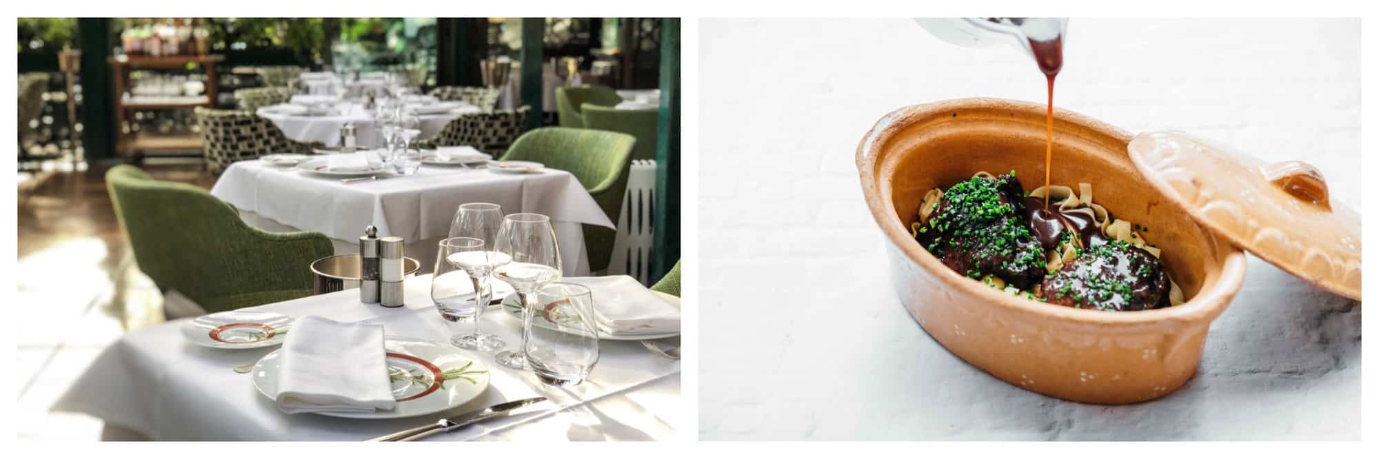 Left: the interior of La Closerie des Lilas restaurant, with white table clothes and green chairs. Right: coq au vin in a casserole pot with sauce being poured on top at Le Coq & Fils restaurant.