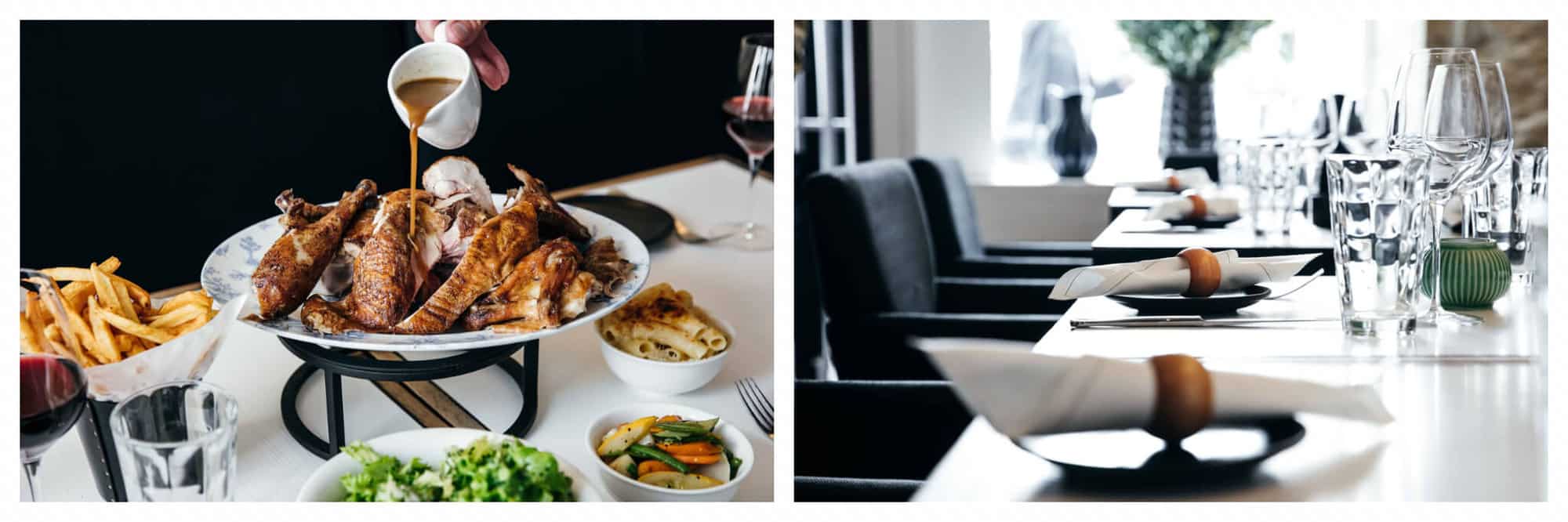 Left: a roast chicken with gravy being poured on top, with fries, salad, sides and glasses of wine on a table. Right: table settings at Le Coq & Fils restaurant.