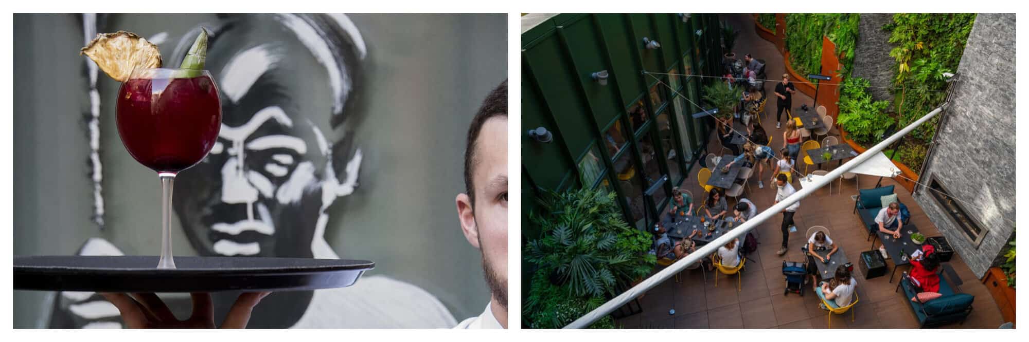 Left: a waiter holding a cocktail at Martin restaurant. Right: a birds eye view of people sitting in the courtyard of Martin restaurant. 