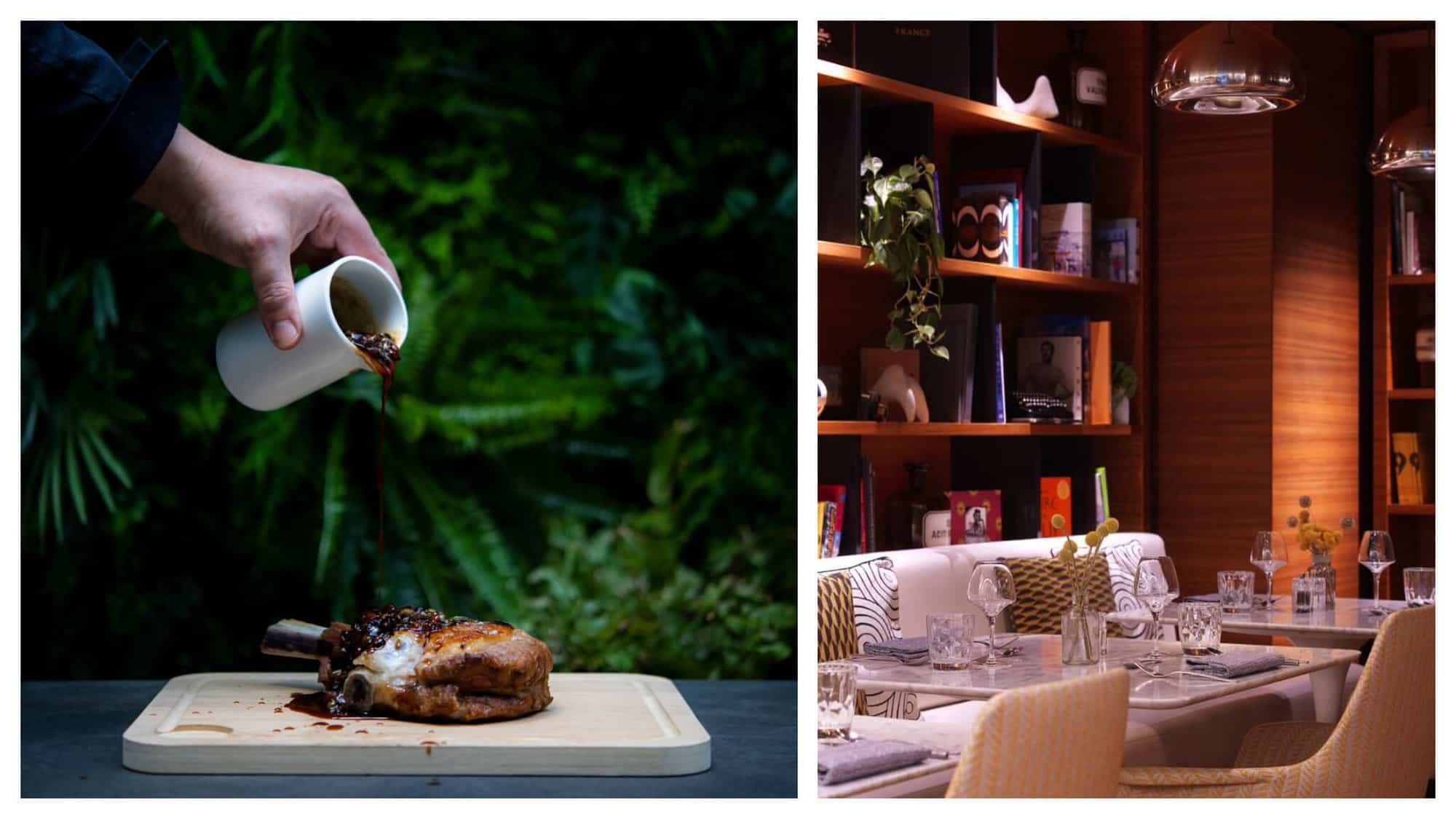 Left: sauce being poured onto a piece of meat on a table in front of a vertical garden wall at Martin restaurant. Right: the interior of Martin restaurant with tables and chairs and bookshelves. 