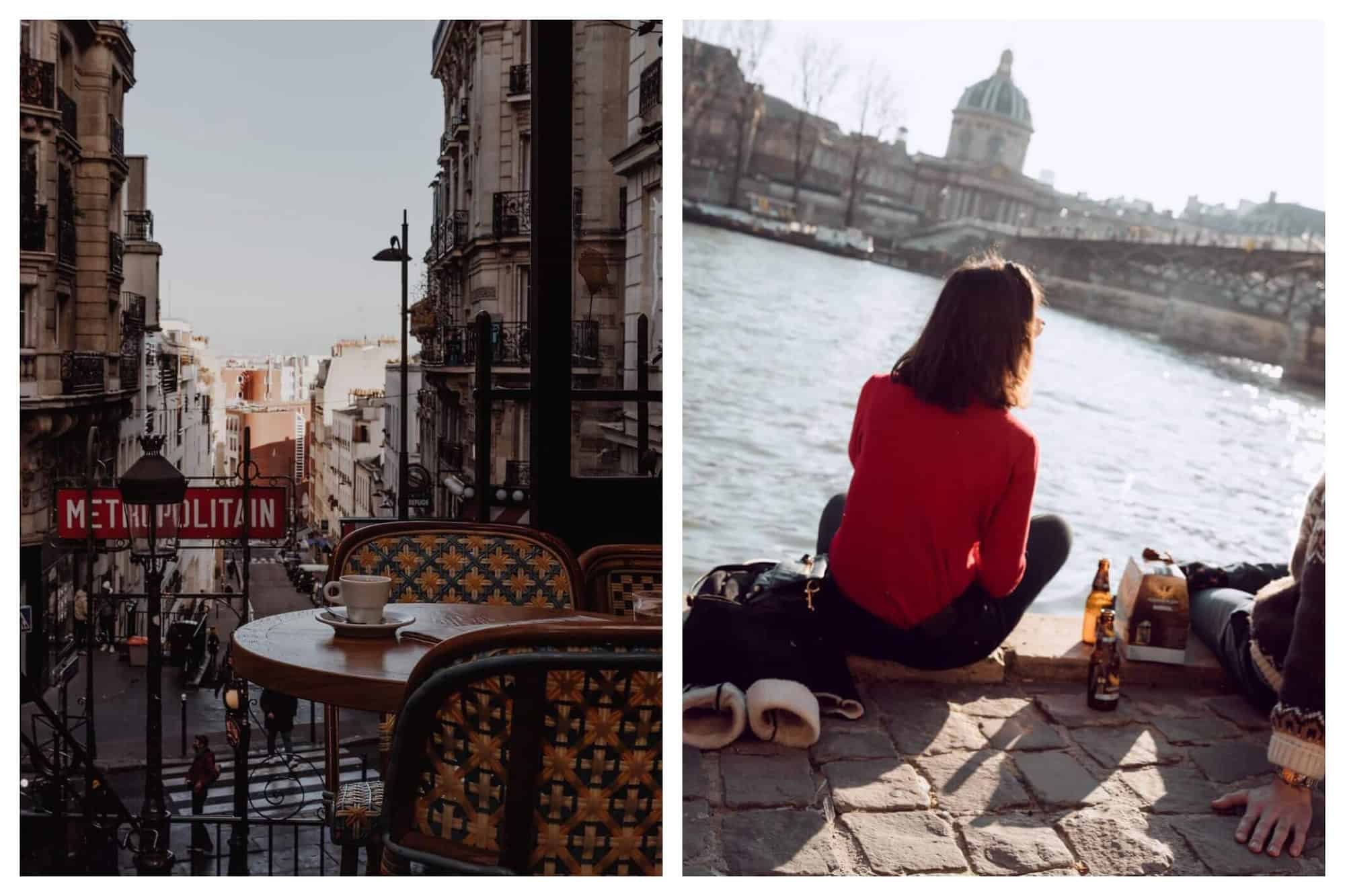 Left: a photo of a cafe terrace in Paris by a metro station. A photo of a couple drinking along the Seine in Paris during summer.