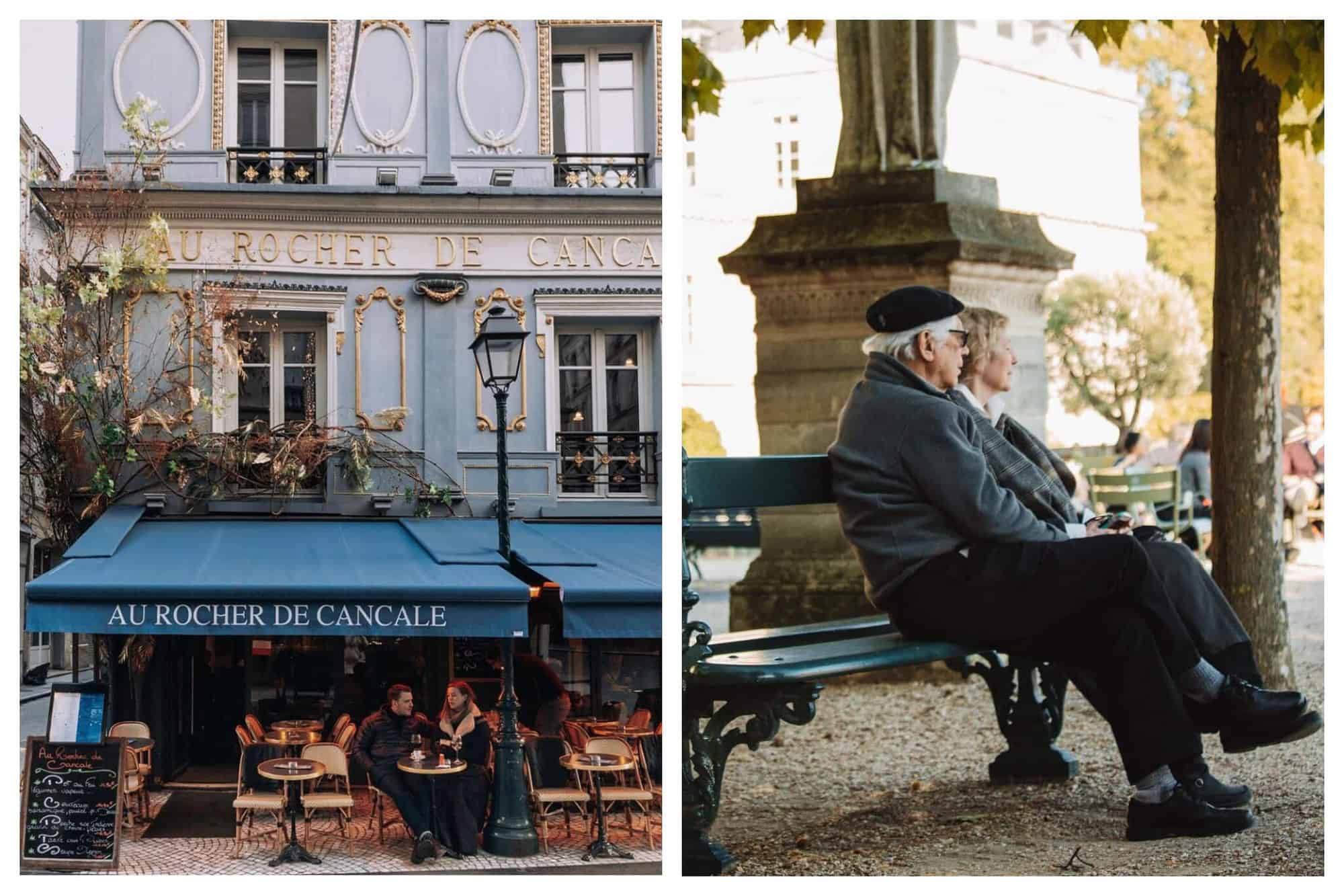 Left: a photo of a couple on a terrace in Paris. A photo of an elderly couple on a park bench in Paris.