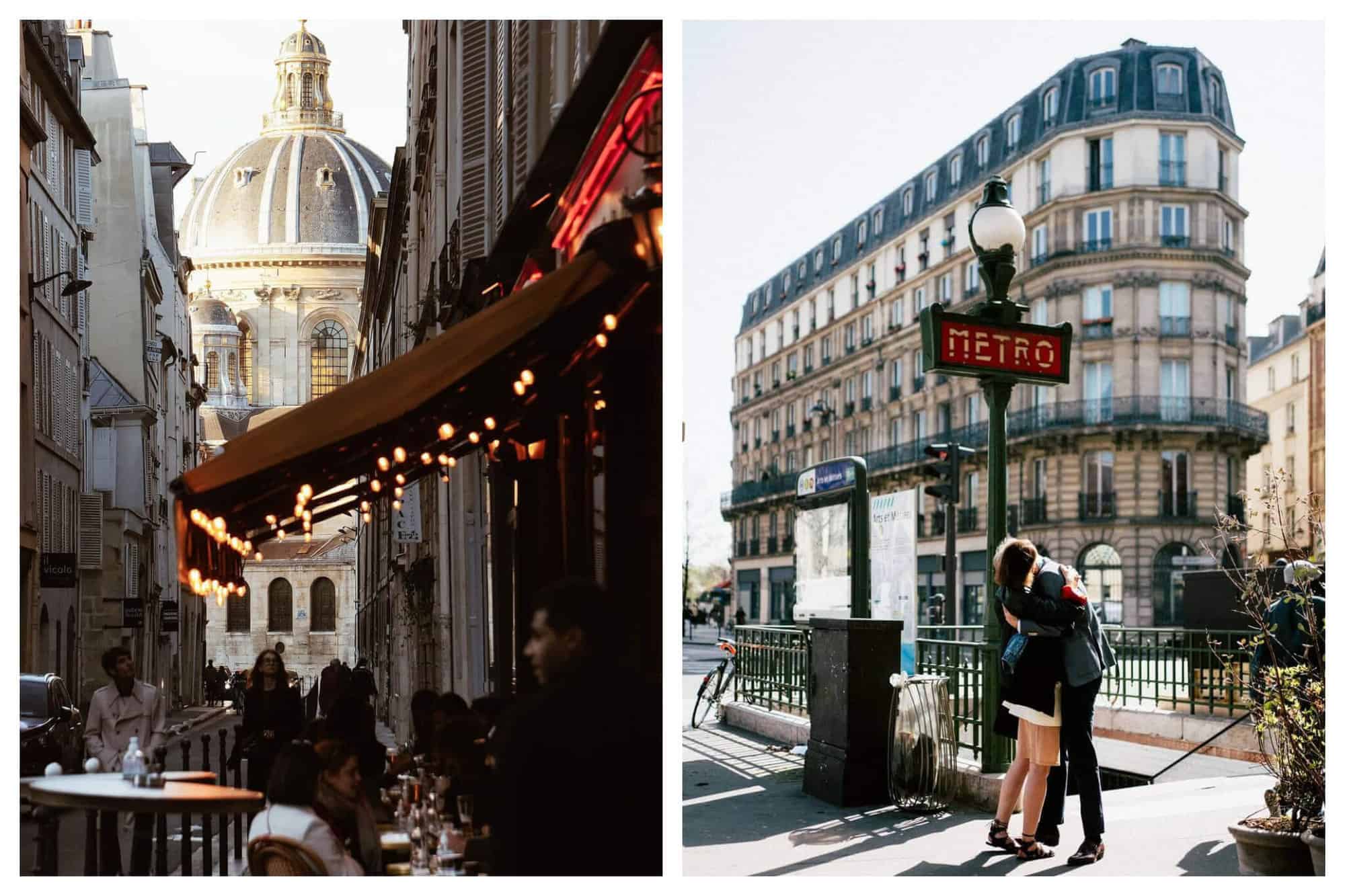 Left: a photo of a bar's terrace in Paris. Right: a photo of a couple kissing outside a metro station in Paris.