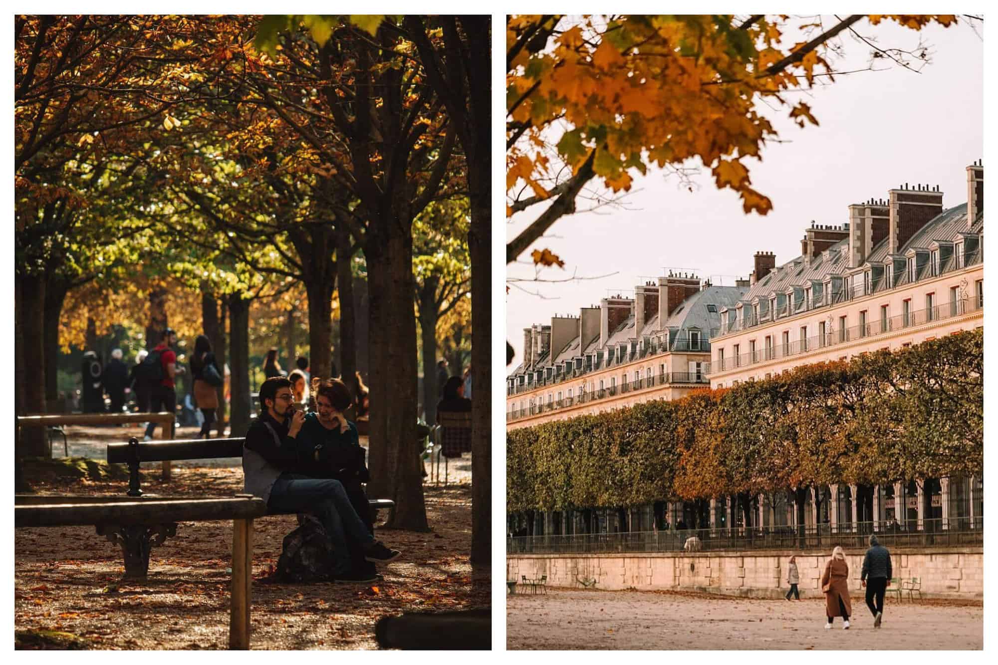 Left: a photo of a couple on a park bench in a garden in Paris. A photo of a couple walking together in Jardin de Tuleries, Paris.
