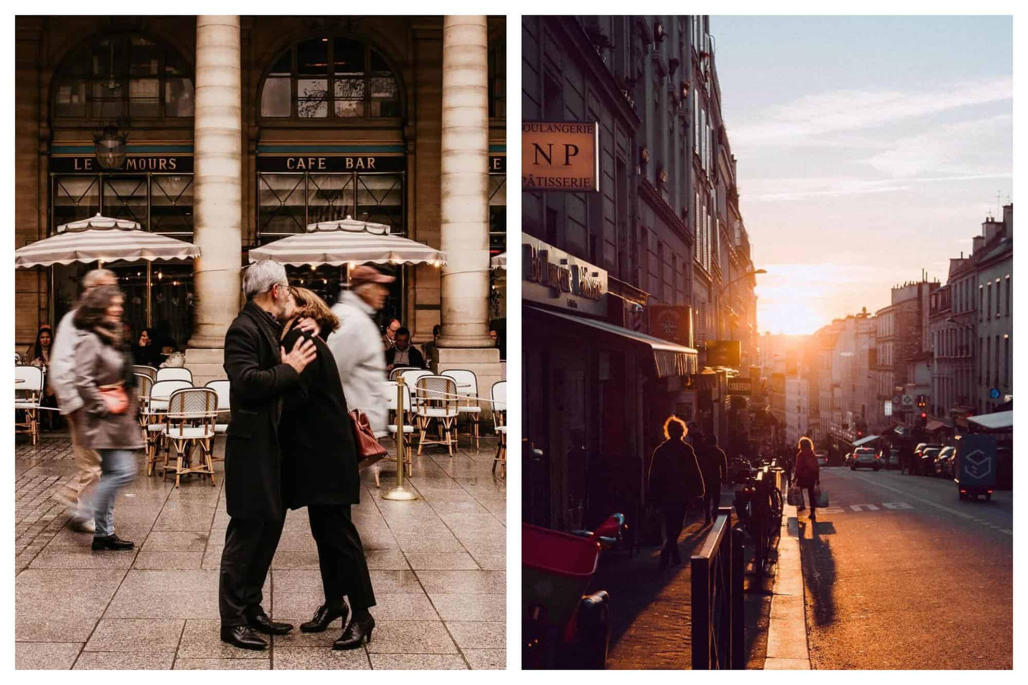 Left: a couple kissing outside a cafe in Paris. A photo of rue de Belleville in Paris on a sunny morning. 