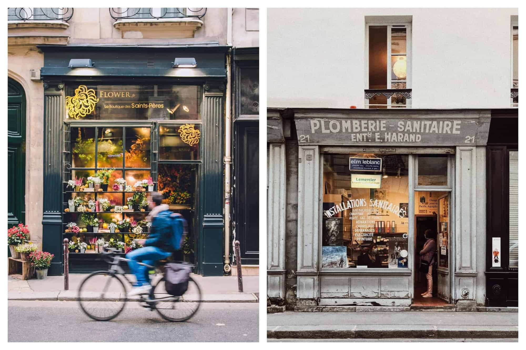 Left: a photo of a flower boutique in Paris, with a biker biking past. Right: a photo of a plumbing shop in Paris.