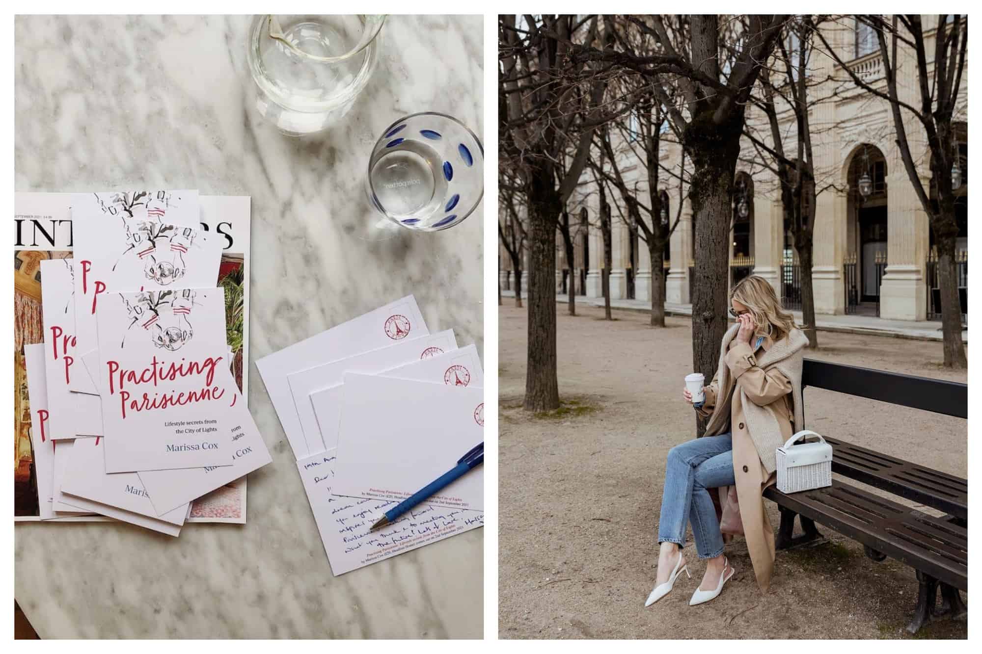 Left: a photo of Marissa Cox's new book practising Parisienne on a table with postcards. Right: a photo of Marissa Cox sitting in Palais Royal in Paris 