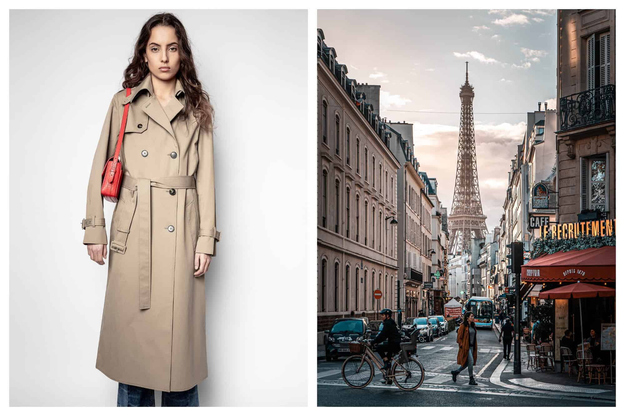 Left a photo of a model wearing a Zadig & Voltaire trench coat. Right: a photo of people crossing a street in paris with the Eiffel Tower in the background