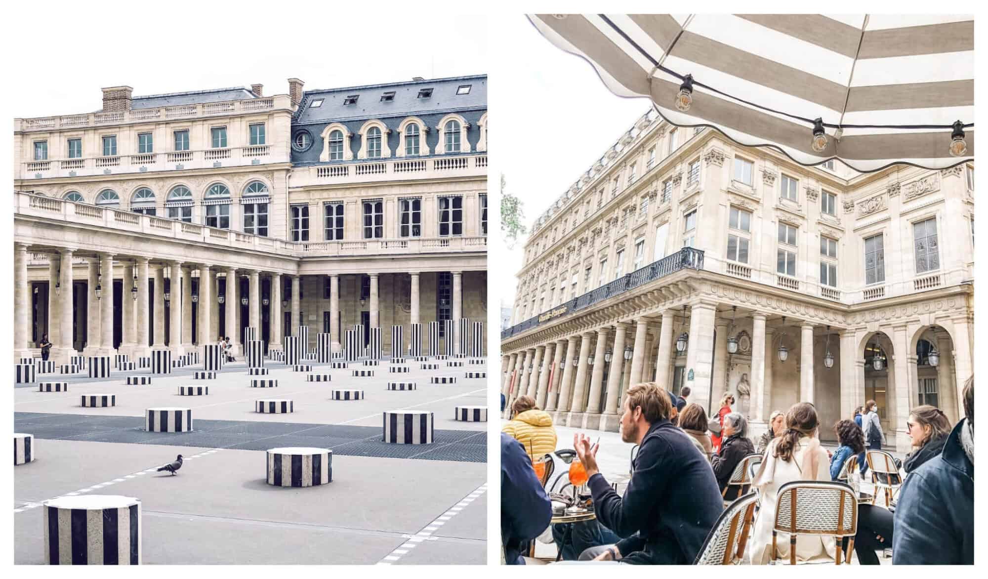 Left: Inside Paris' Jardin du Palais Royal urban park with black and white columns for seating; Right: Parisian seated in Cafe Le Nemours, right beside Jardin du Palais Royal.