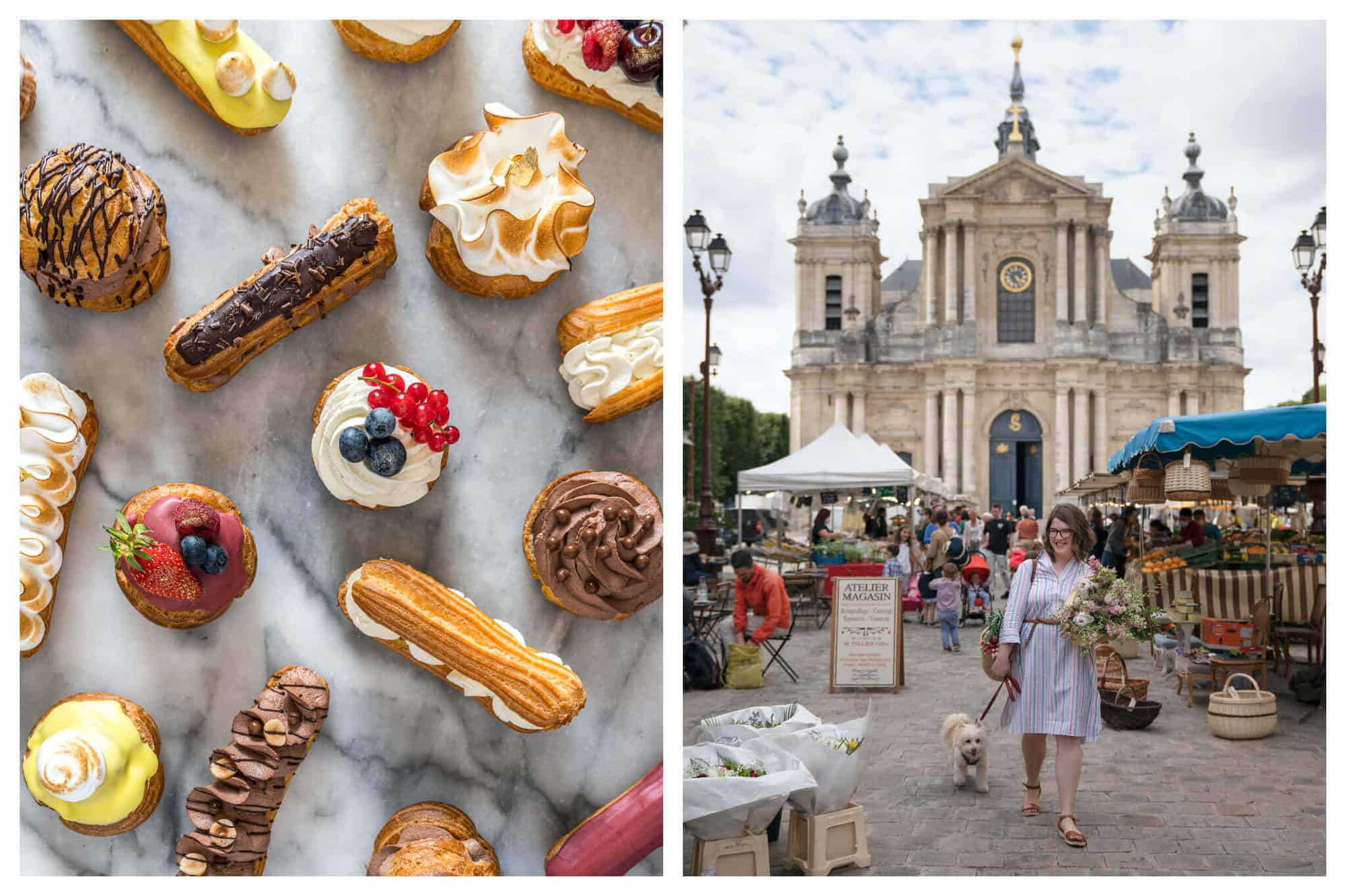 Left: a photo of an assortment of pasteries on a marble bench. Right: a photo of Molly Wilkinson walking her dog through a market in France.