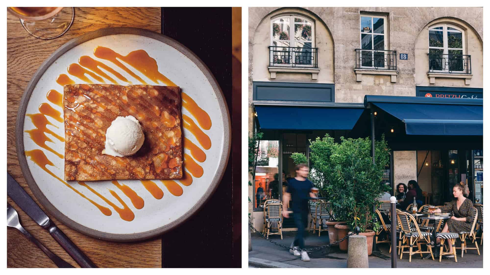Left: a caramel crepe on a wooden table at BREIZH Cafe. Right: the terrasse of BREIZH Cafe in Paris.