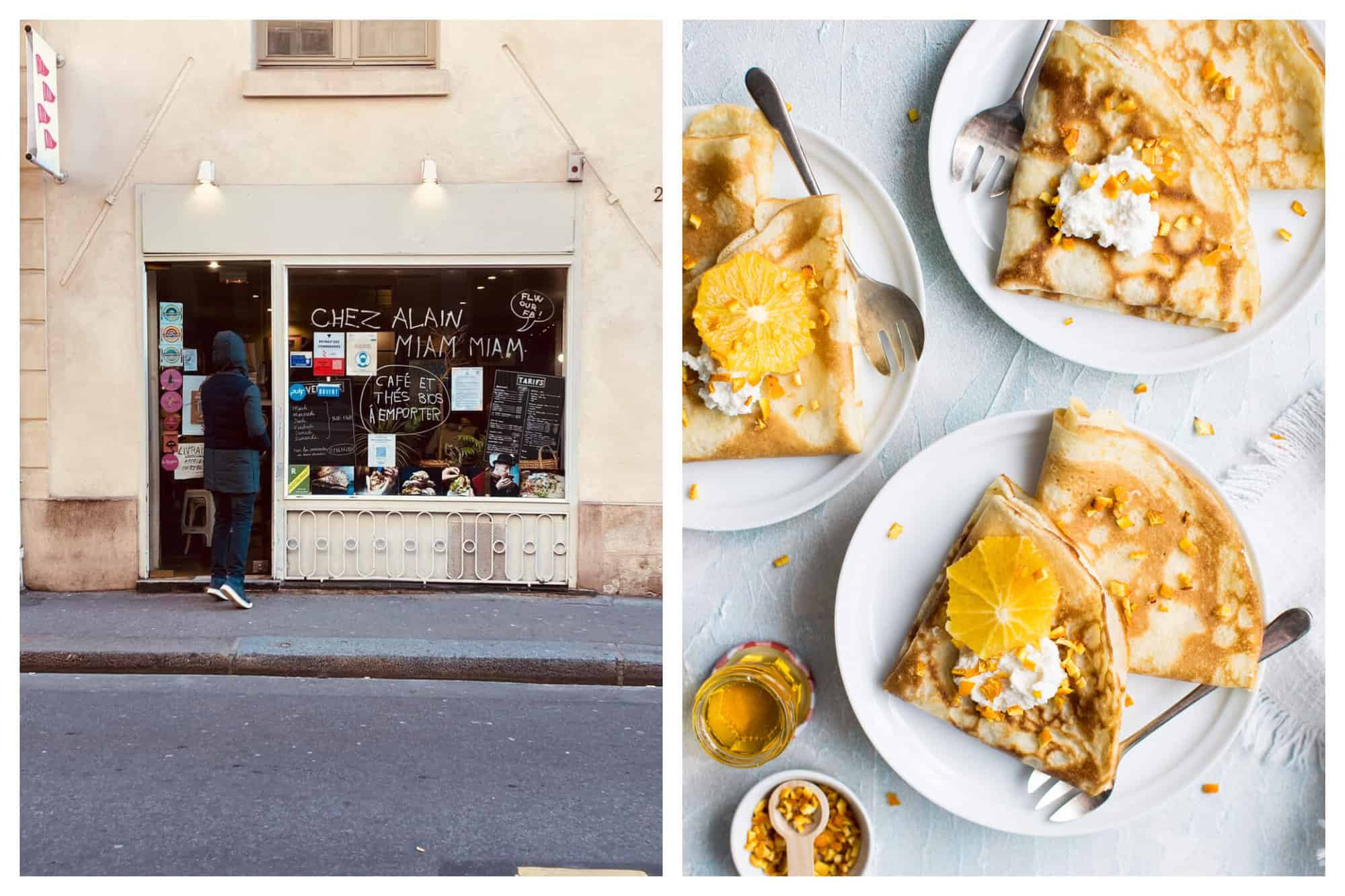 À esquerda: fachada externa do Chez Alain Miam Miam em Paris, com alguém prestes a entrar. À direita: crepes suzette (crepes com laranjas) em pratos brancos.