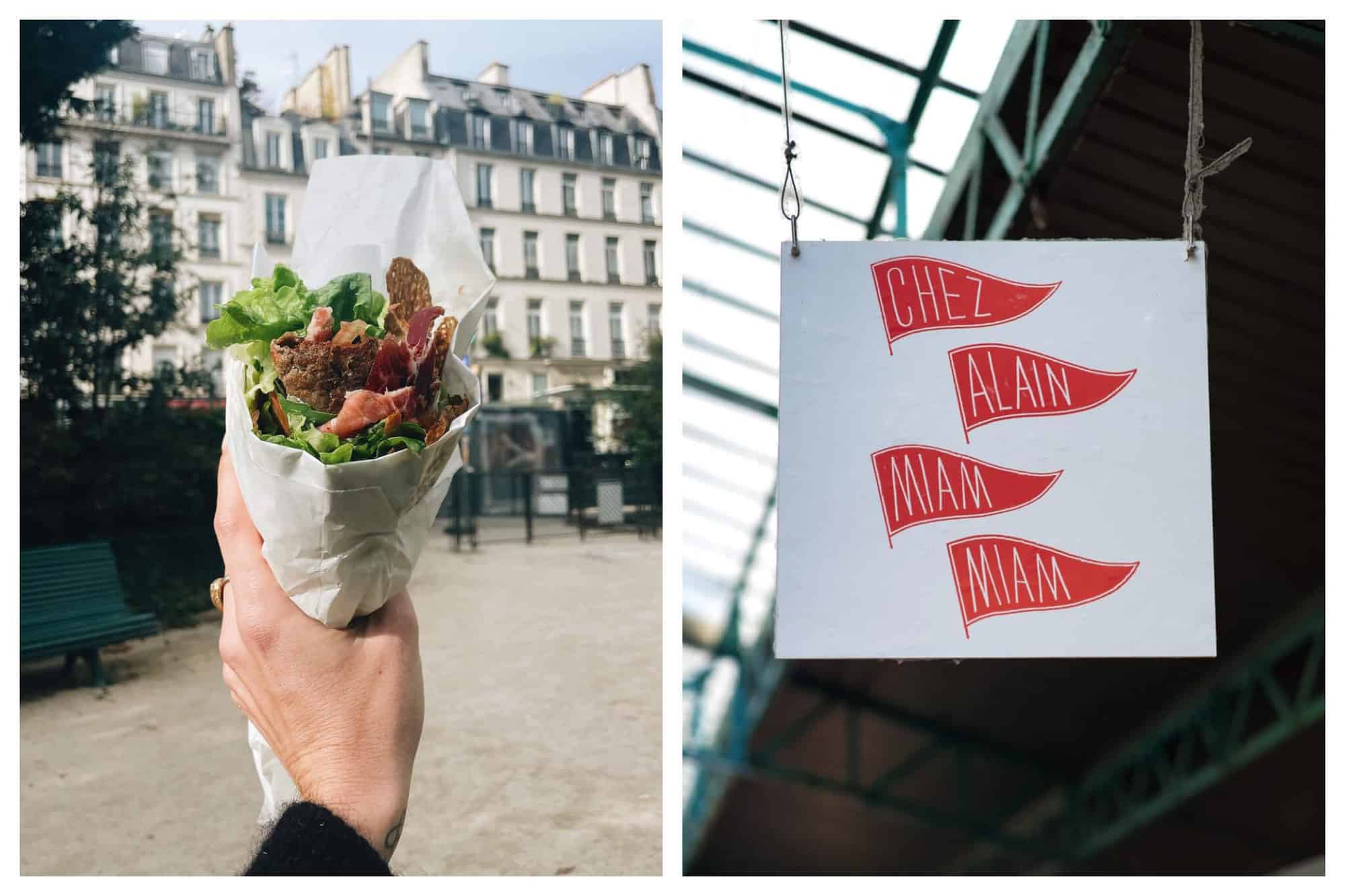 Left: a savoury crepe from Chez Alain Miam Miam being held up in front of Parisian buildings in a park. Right: the sign for Chez Alain Miam Miam at Marché des Enfants Rouges.