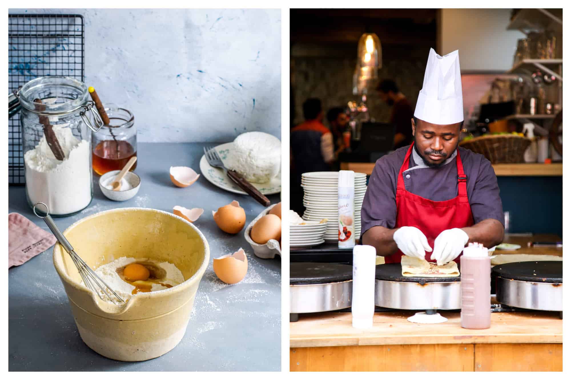 Left: a mixing bowl on a kitchen bench with a whisk, flour and eggs to make crepes. Right: a man making crepes at a creperie in Paris.