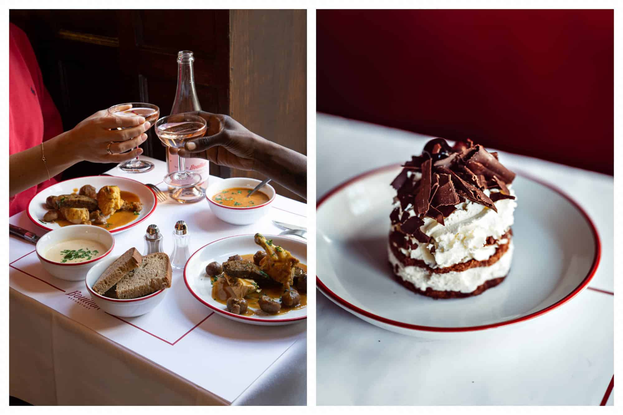 Left: two people doing cheers with a table full of food at Bouillon Pigalle. Right: a profiterole on a table at Bouillon Pigalle. 