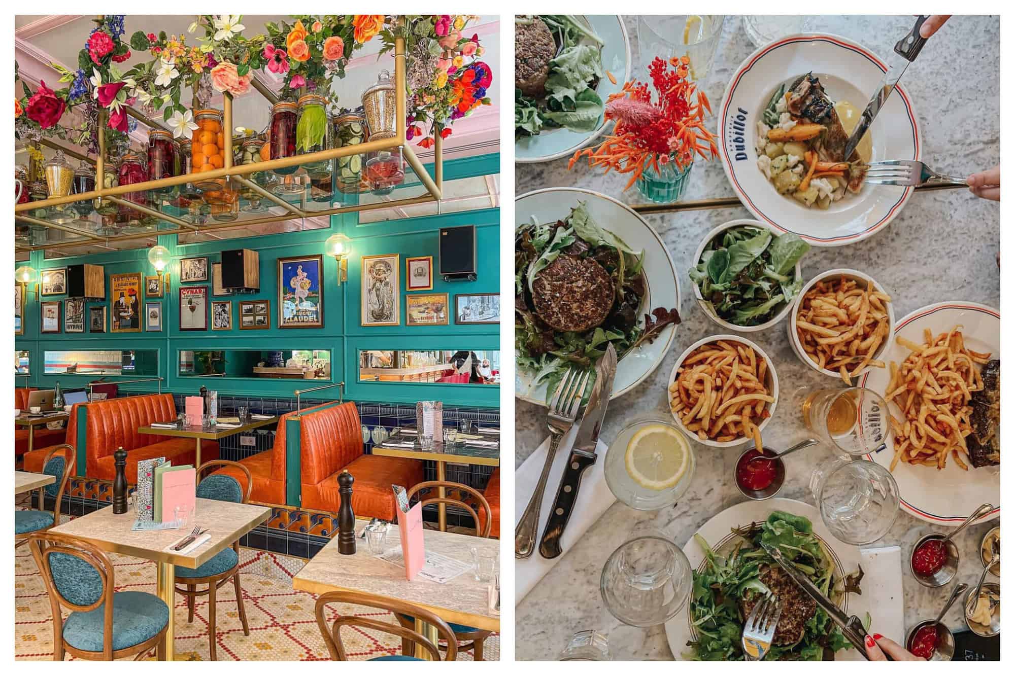 Left: the interior at Brasserie Dubillot with turquoise walls, orange bench seats, lots of picture frames on the wall, and a shelf hanging from the roof full of jars of pickled fruit and vegetables, and decorated with flowers. Right: a birds-eye view of a table full of food at Brasserie Dubillot. 