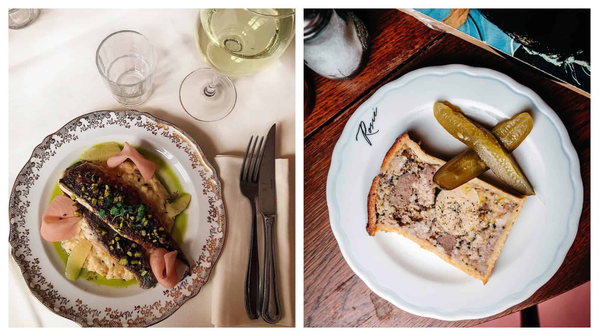 Left: a fish dish with a glass of white wine on a table at Brasserie Rosie. Right: terrine and pickles on a table at Brasserie Rosie.
