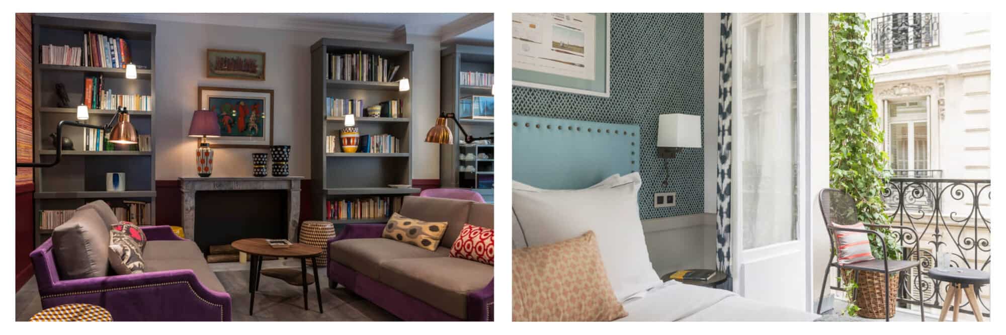 Left: a purple and grey sitting area at Hotel Adele and Jules. Right: a blue-hued room at Hotel Adele and Jules with open windows and a balcony next to the bed looking out onto a Parisian building. 