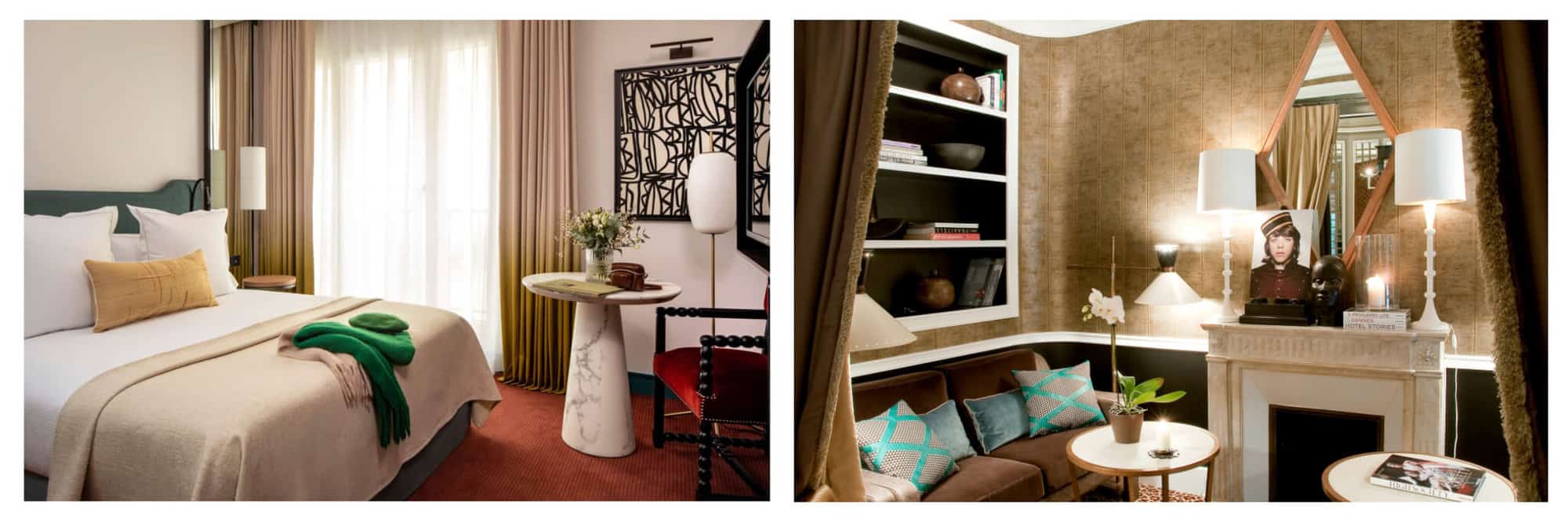 Left: a beige and red decorated room at Hotel Bel Ami. Right: a beige and brown-hued sitting area at Hotel Recamier. 