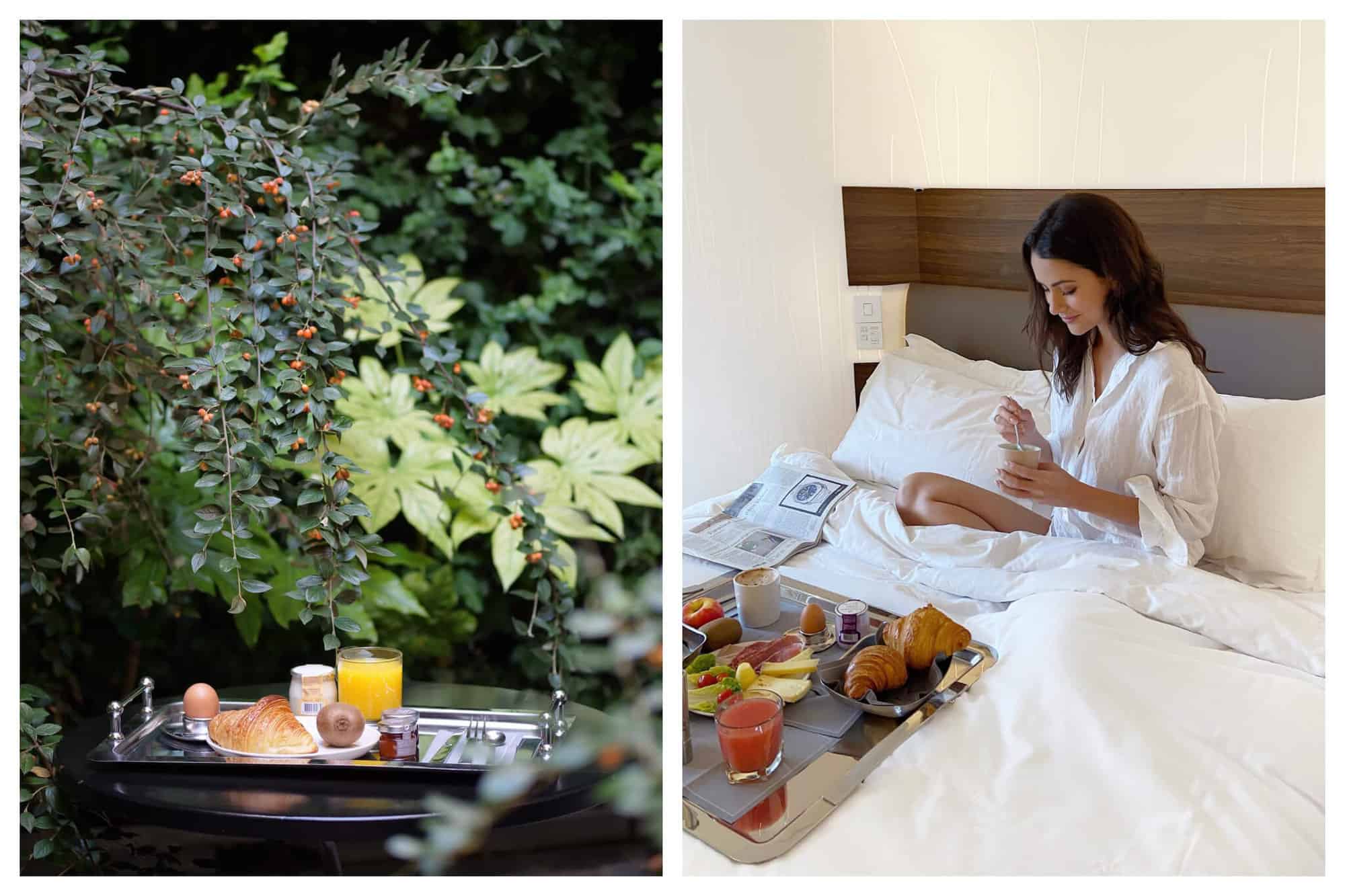 Left: a breakfast tray on a table surrounded by greenery in the courtyard at Hotel Jules and Jim. Right: a brunette woman in a white shirt sitting on a white bed with a breakfast tray and a newspaper at Hotel Jules and Jim.