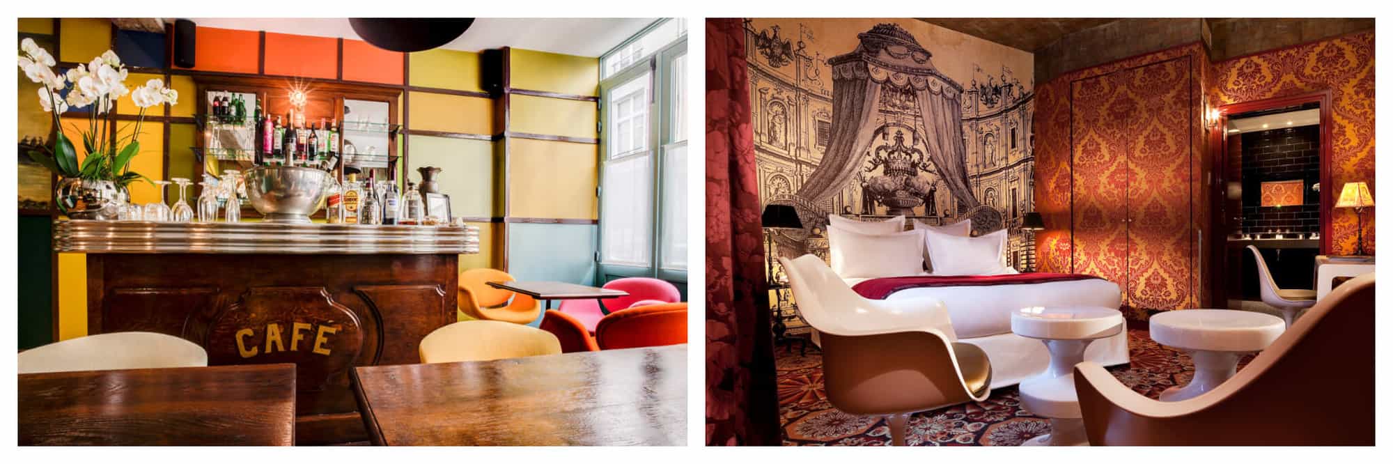 Left: the retro honesty bar at Hotel du Petit Moulin. Right: one of the lavishly decorated deluxe rooms at Hotel du Petit Moulin.