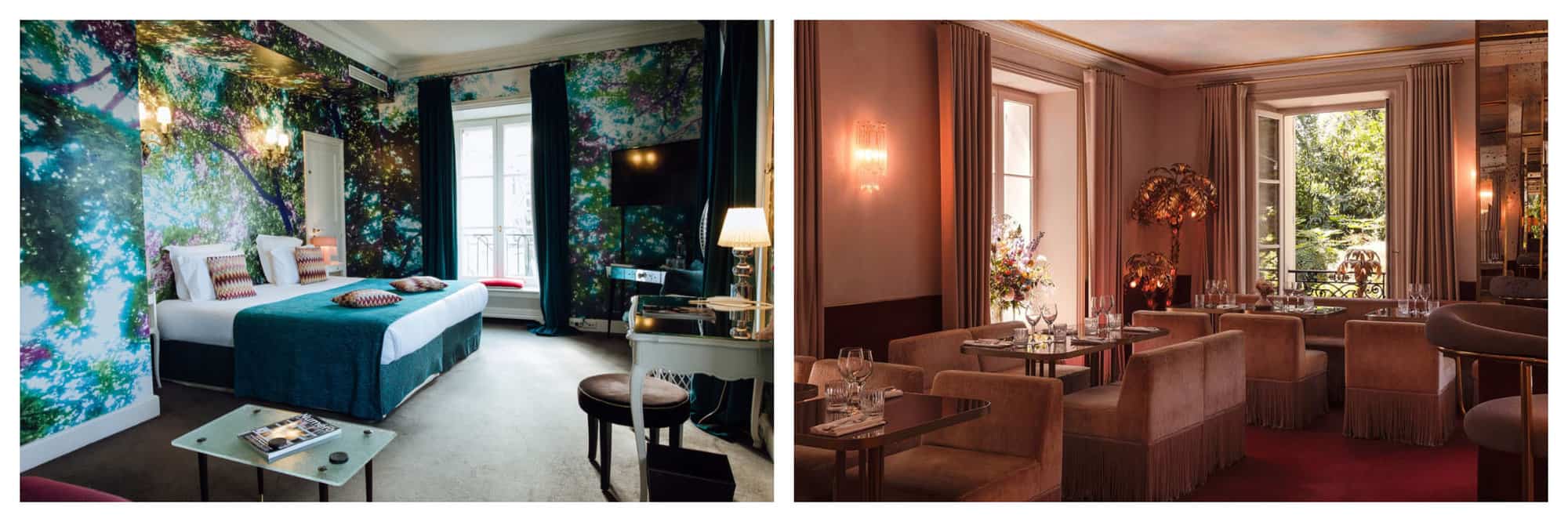 Left: a turquoise-hued room at Hotel Particulier. Right: the pink-hued dining area of Hotel Particulier. 