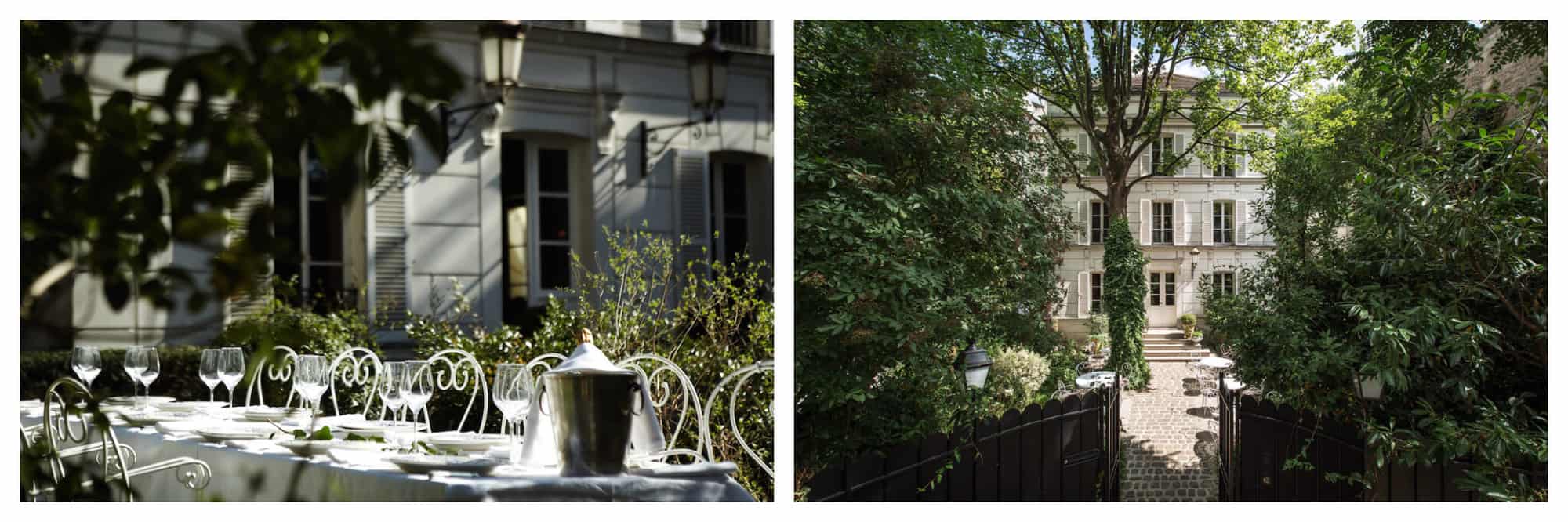 Left: a long white outdoor table and chairs in front of Hotel Particulier in Montmartre. Right: the facade and garden of Hotel Particulier in Montmartre.