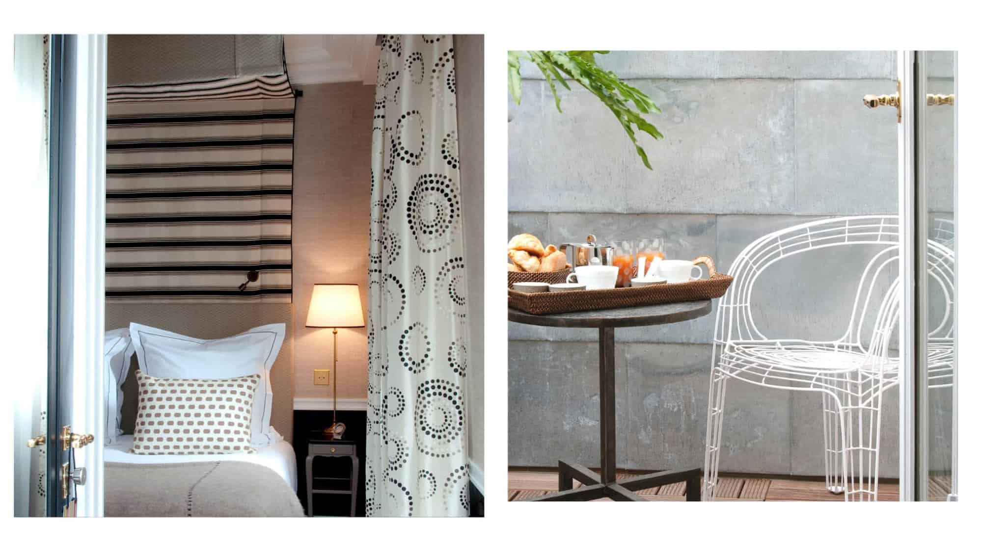 Left: a beige-hued room at Hotel Recamier. Right: an open door to a terrasse with a breakfast tray on a table next to a chair at Hotel Recamier. 