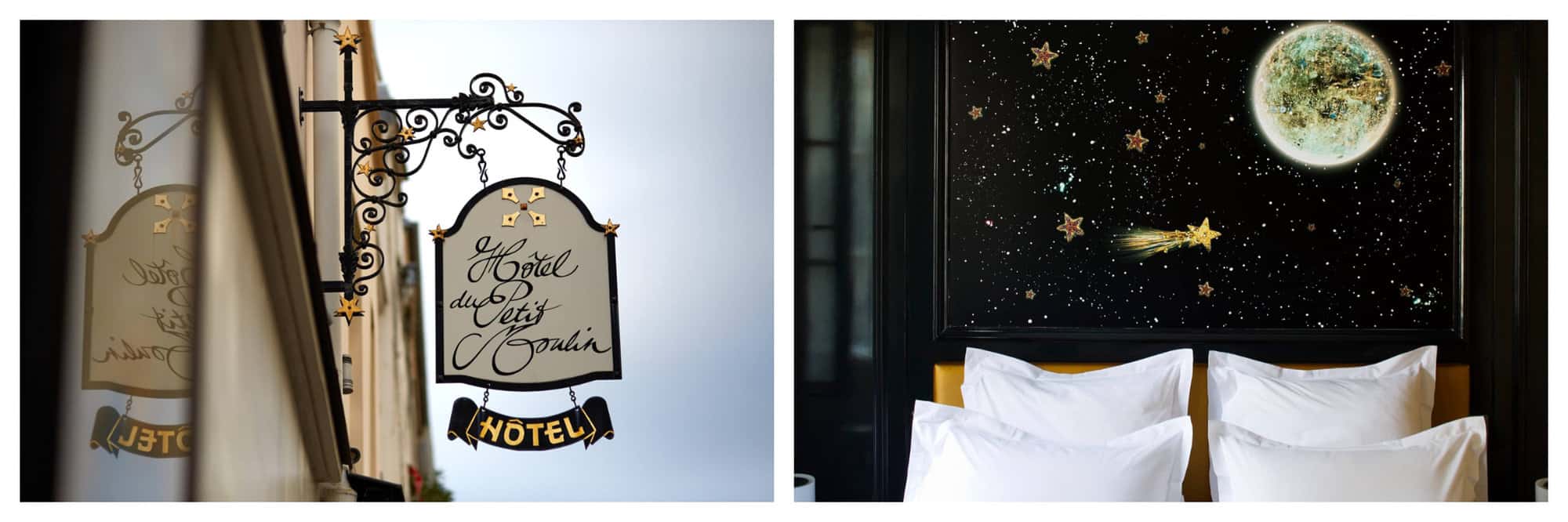 Left: the sign on the facade of Hotel du Petit Moulin. Right: a bed head above white pillows at Hotel du Petit Moulin featuring stars and the earth on a black background. 