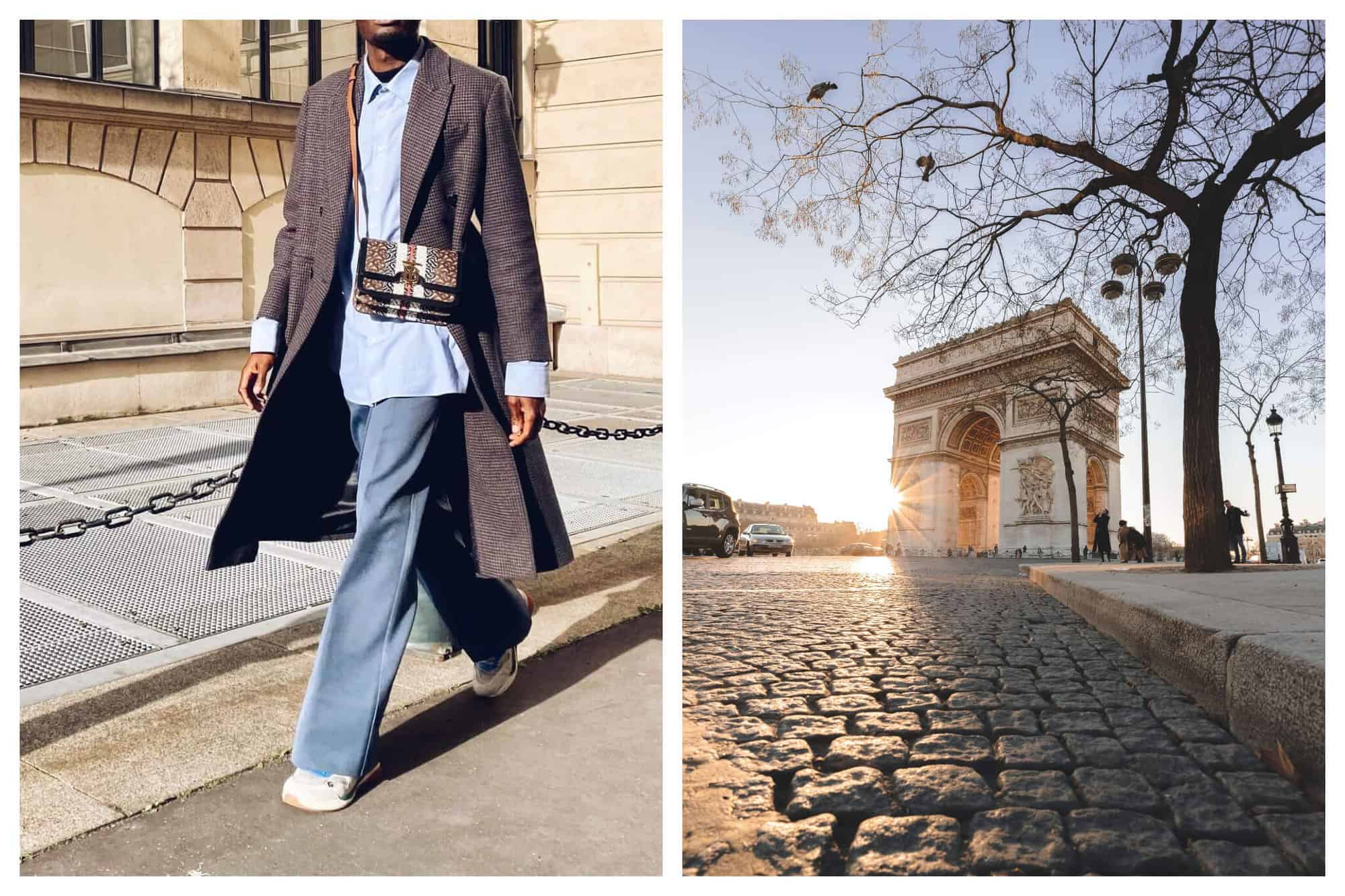Left: A man is walking in his blue shirt, blue jeans, and dark coat. Right: A lovely morning picture of the Arc de Triomphe on a winter day.