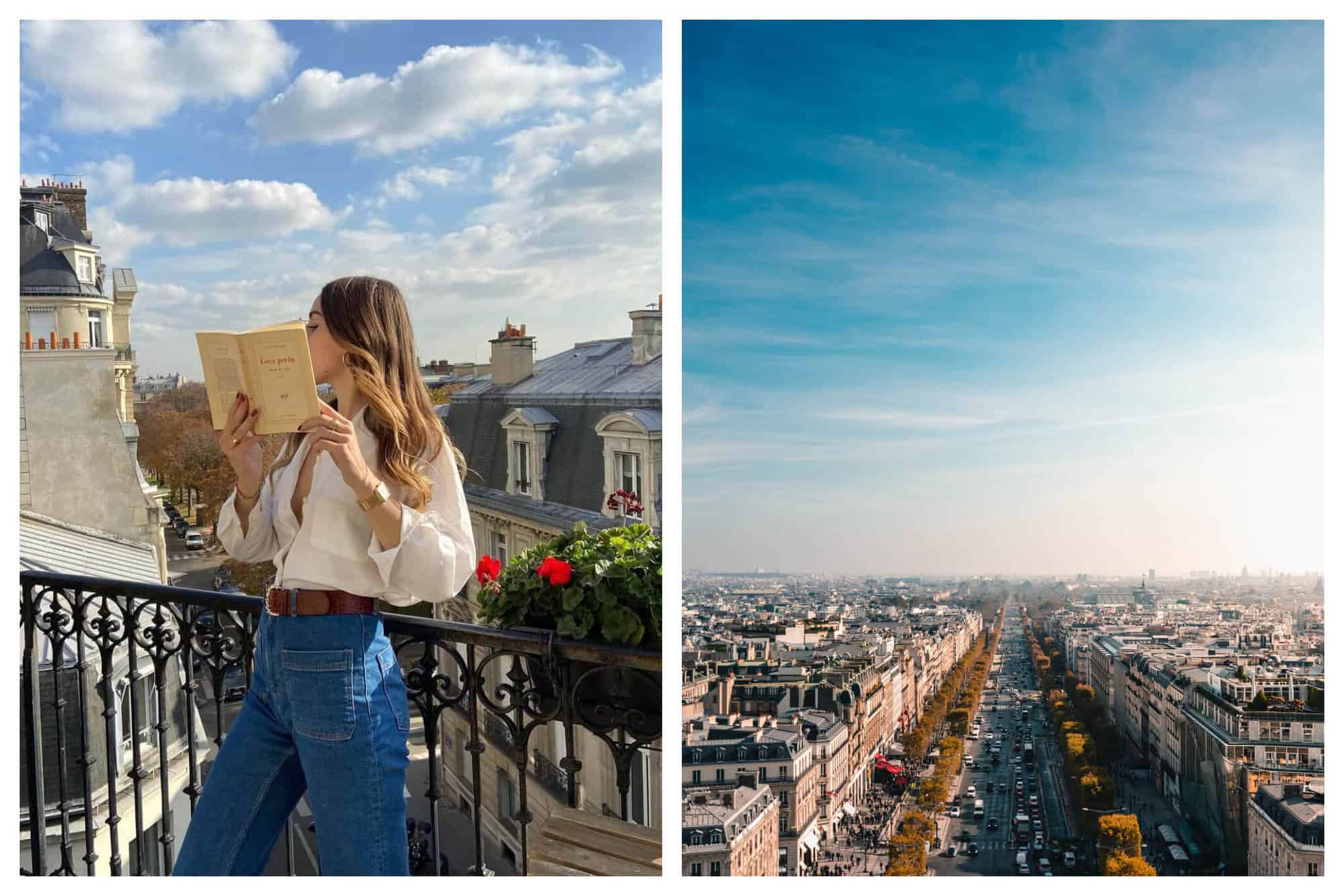 Left: A woman reads a book in a Parisian balcony. She is wearing a white long-sleeved top and denim jeans. Right: Aerial views of the Avenue de Champs Elysées.