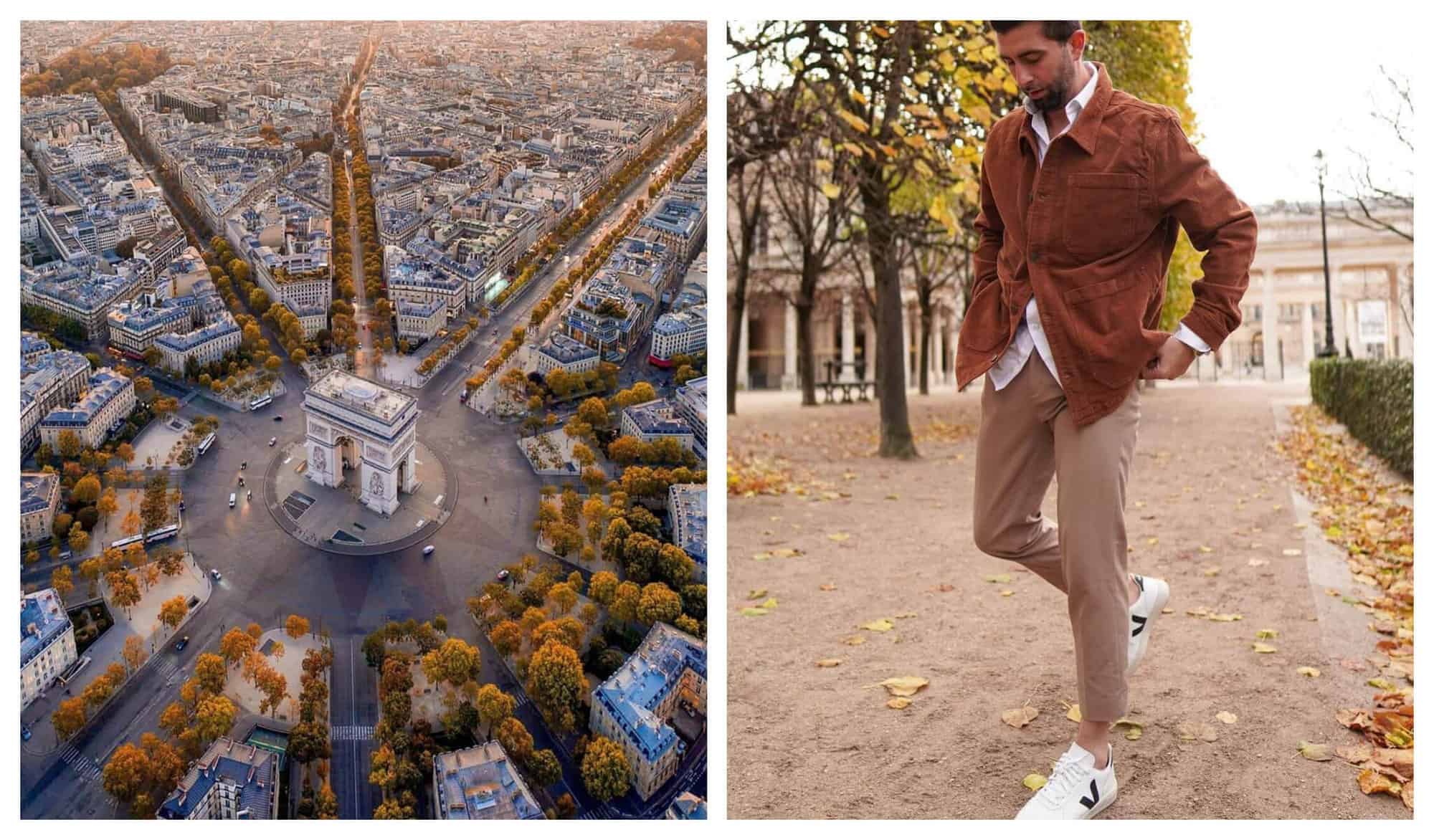 Left: Aerial view of the Arc de Triomphe and its surroundings covered in trees during the fall. Right: A man is posed in Palais Royal with his tan pants and blazer to match the fall leaves.