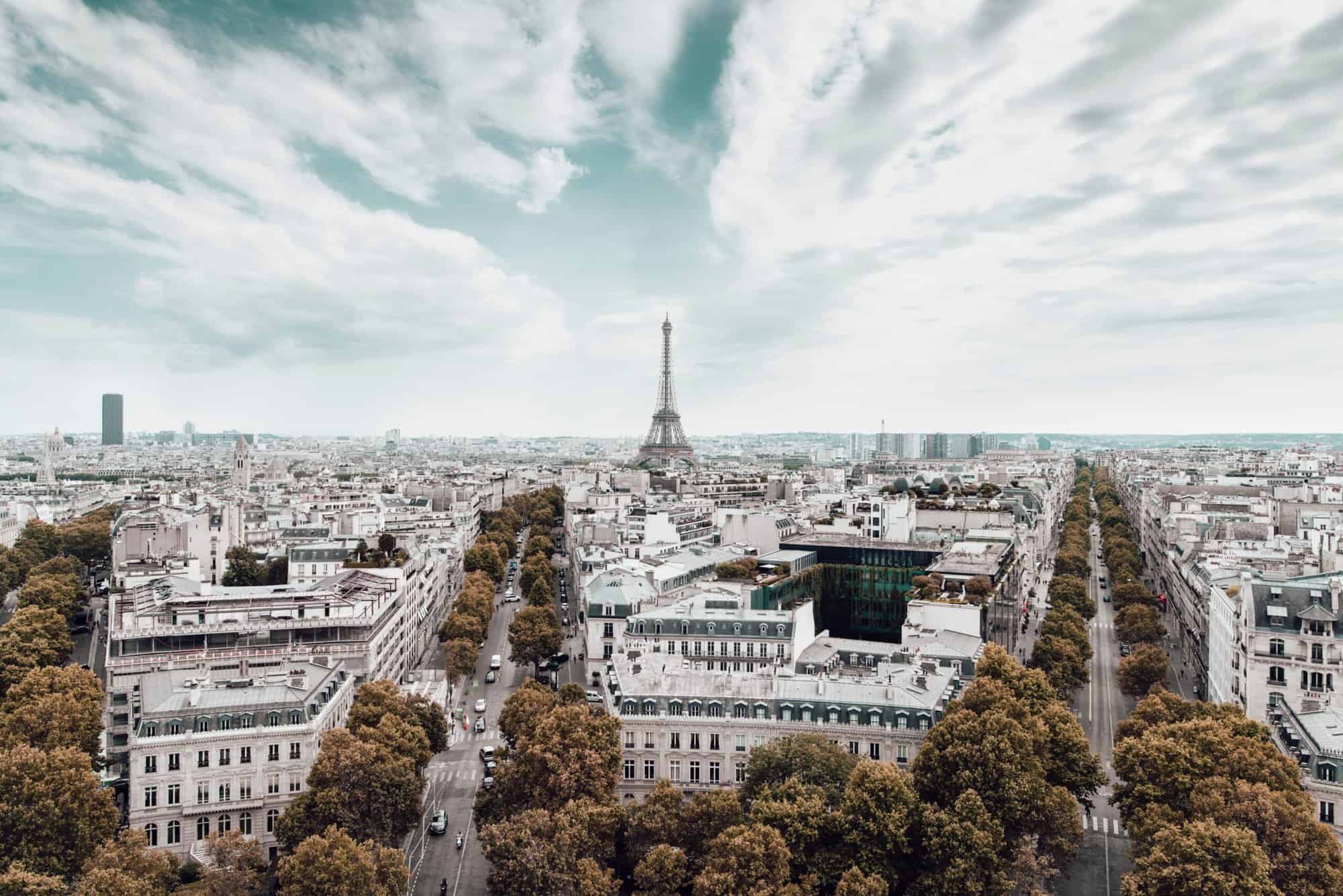 View from the Arc de Triomphe of the Champs Elysees and the Eiffel Tower.