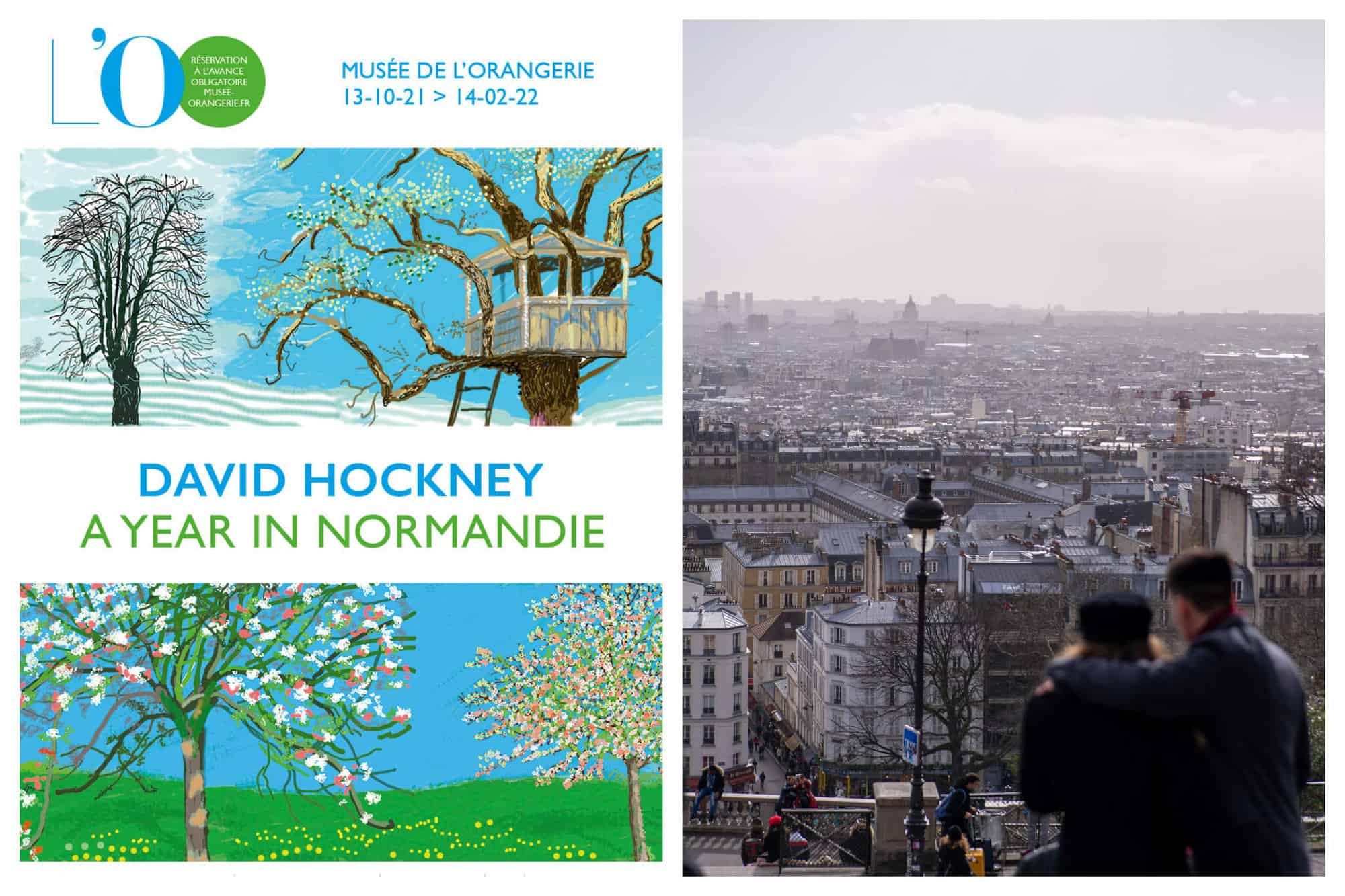 Left: the promotional poster for David Hockney: A Year in Normandy at the Musée de l'Orangerie. Right: a couple, the man with his arm around the woman, looking at the view of Paris from Sacre-Coeur in Montmartre.  