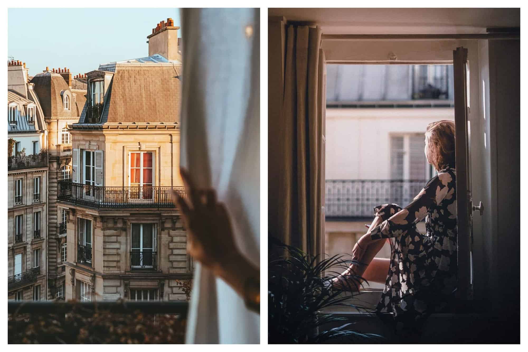 Left: A hand is holding on white curtains open to expose neighboring Parisian buildings. Right: A woman is sitting outside her Parisian window in her black, floral dress.